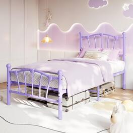 Homhougo - Twin Size Metal Bed Frame, Twin Bed Frames for Girls, Twin Platform Bed with Heart-Shaped Design Headboard&Footboard - Purple