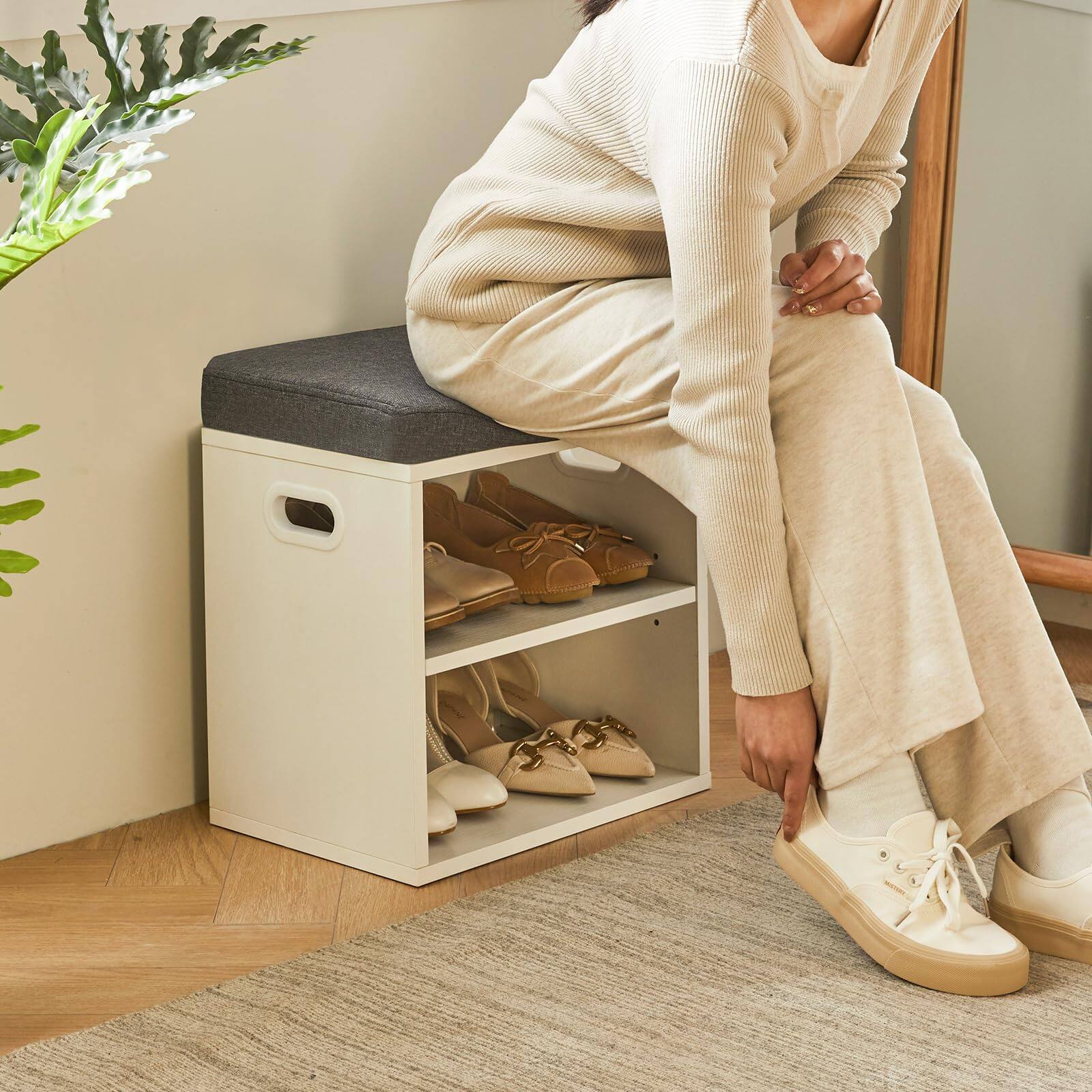 Alt View 4. Hanke - Shoe Storage Bench With Cushion Rack Padded Seat Adjustable Organizer Cabinet For Entryway Living Room - Black.