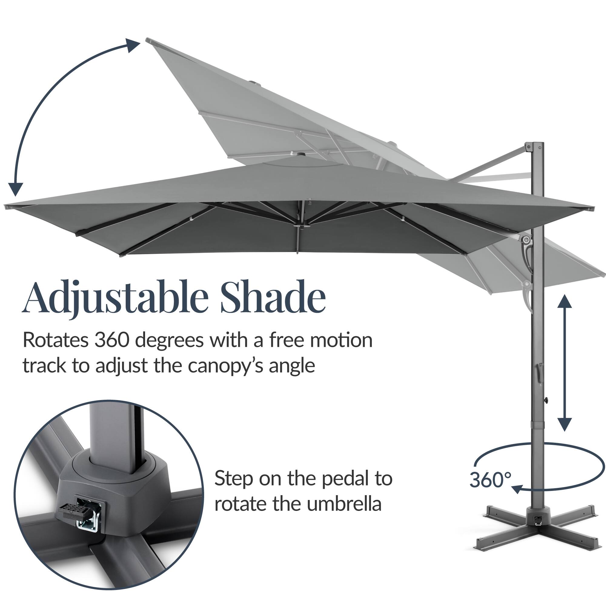 Adjustable Shade Rotates 360 degrees with a free motion track to adjust the canopy's angle

Step on the pedal to rotate the umbrella