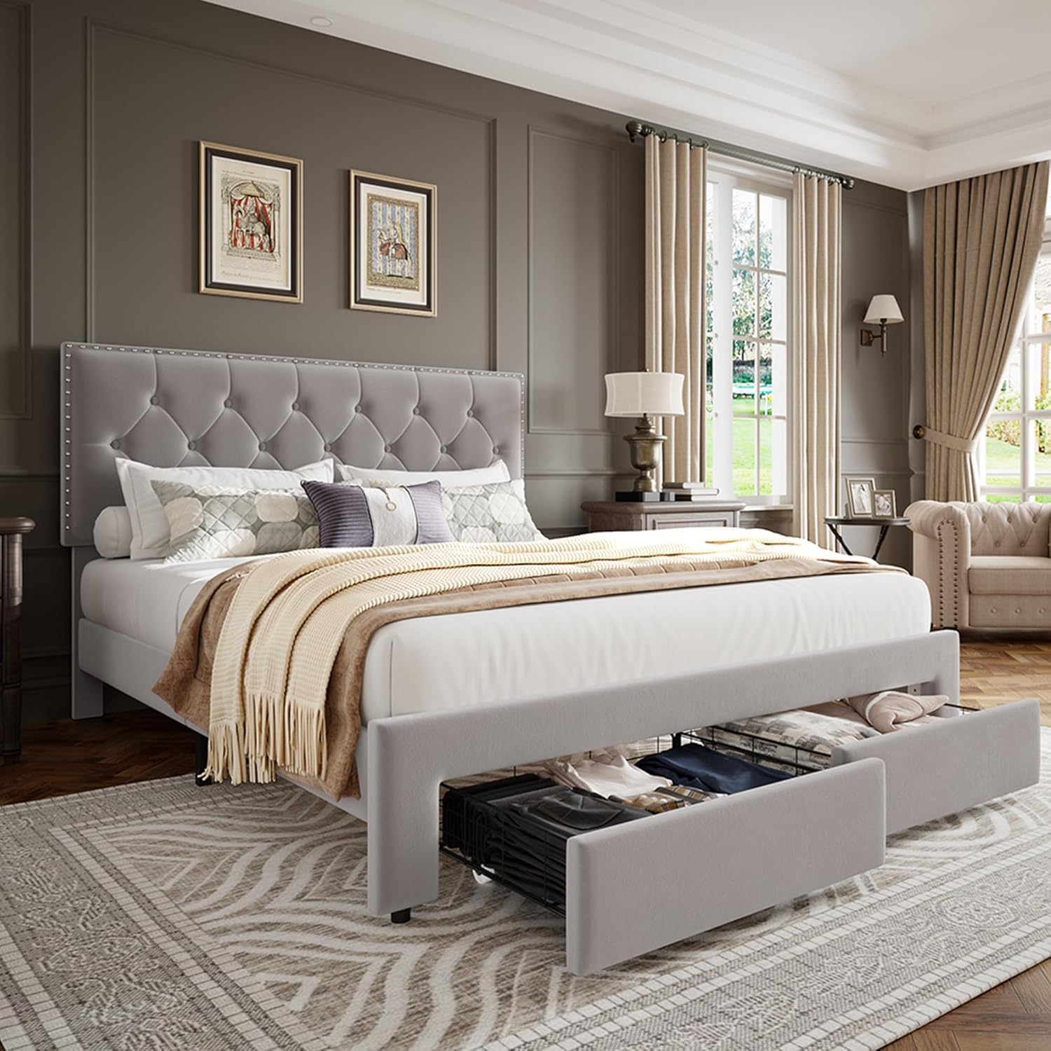 Front. Babevy - King Velvet Upholstered Bed Frame with 2 Storage Drawers, Button Tufted Rivet Headboard, No Box Spring - Beige.