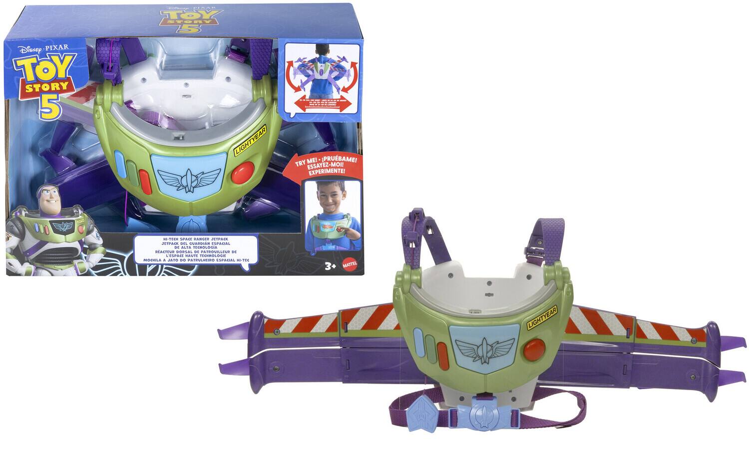 Disney PIXAR TOY STORY 5  
LIGHTYEAR  
HI-TECH SPACE RANGER JETPACK  
JETPACK DEL GUARDIA ESPACIAL  
REACTEUR DORSAL DE PATROUILLEUR DE L'ESPACE  
MOCHILA ESPACIAL DE ALTA TECNOLOGÍA  
TRY ME! PRUEBAME!  
ESSAYEZ-MOI!  
EXPERIMENTE!  
3+  
MATTEL