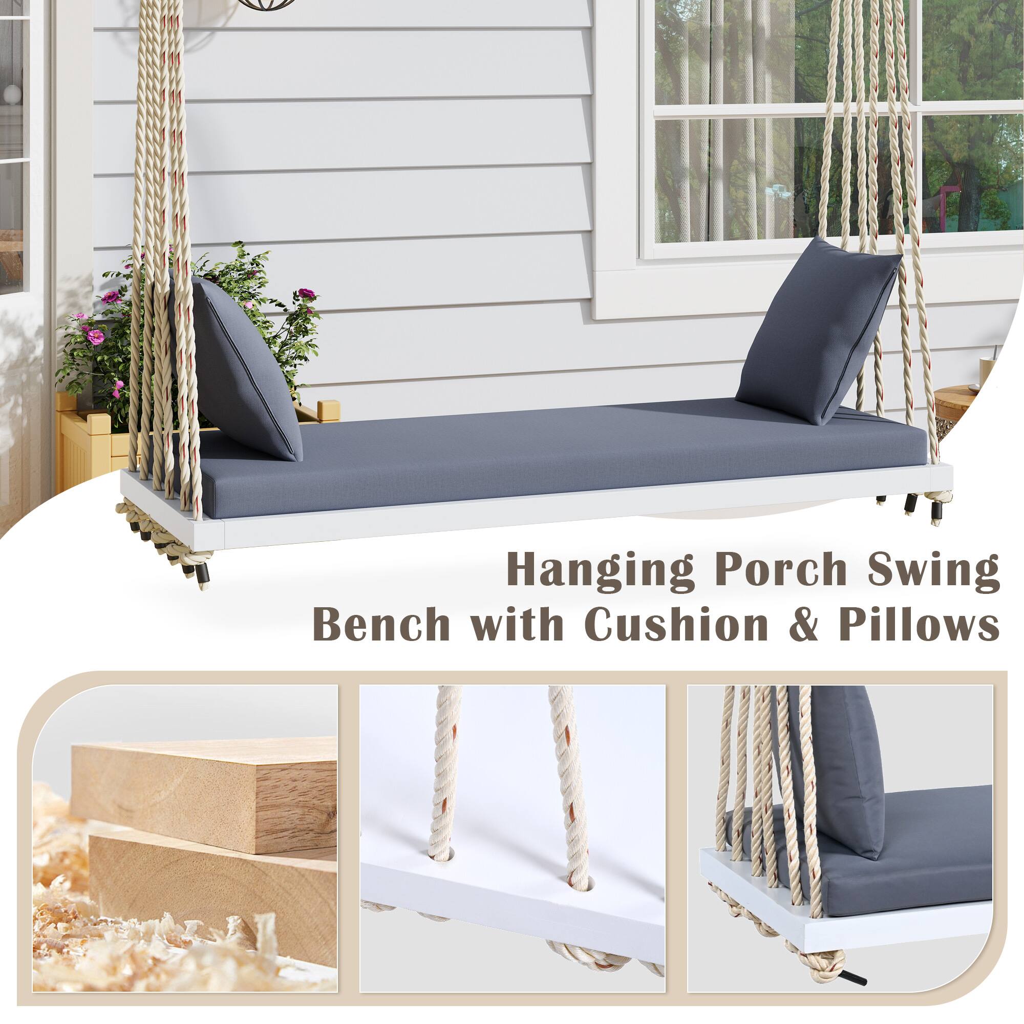 Hanging Porch Swing Bench with Cushion & Pillows