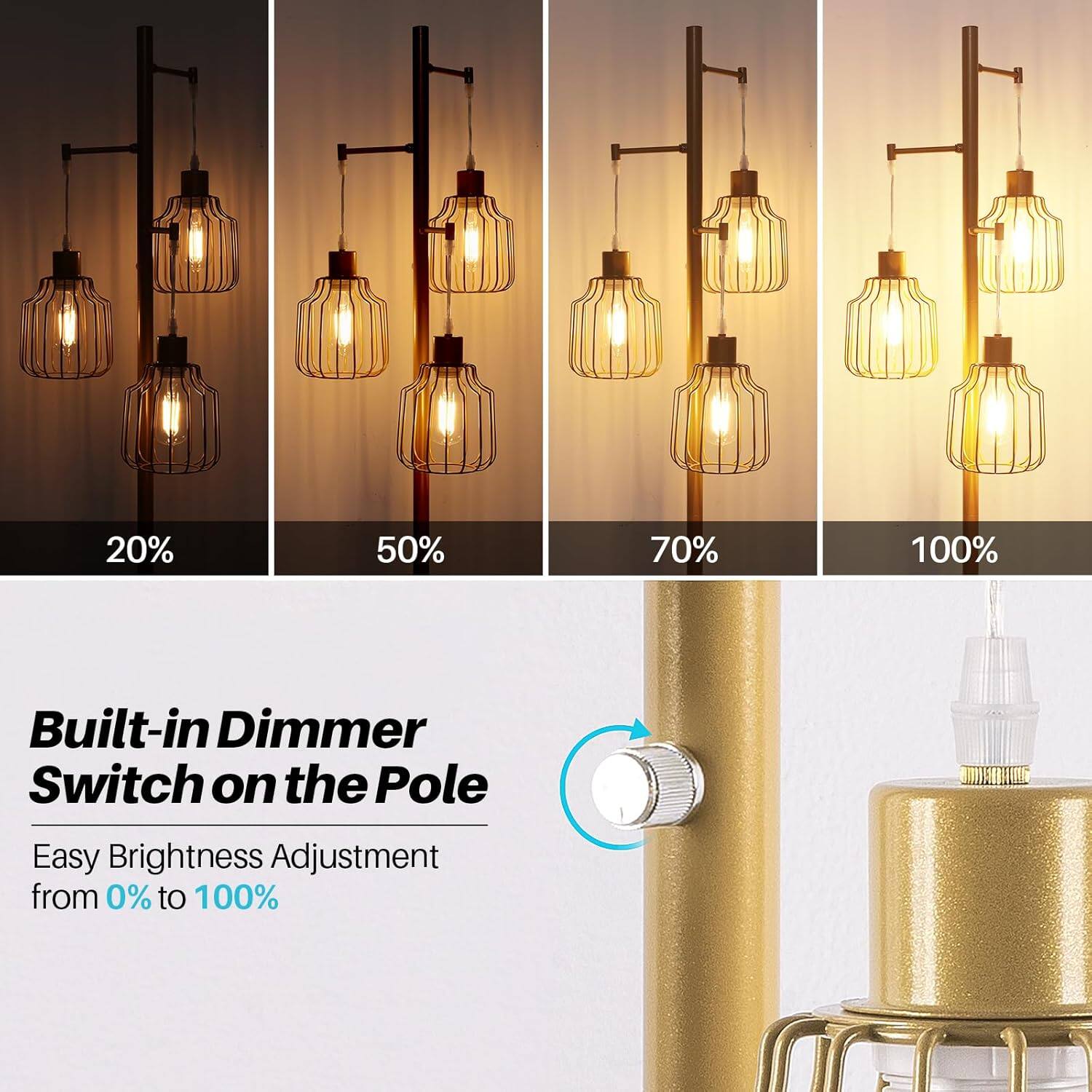 20% 50% 70% 100%

Built-in Dimmer Switch on the Pole

Easy Brightness Adjustment from 0% to 100%