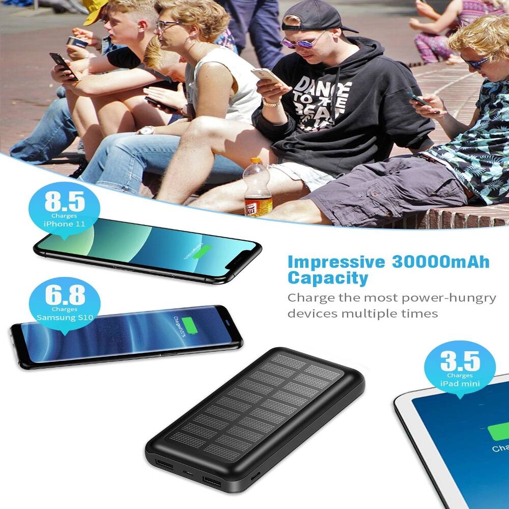 TO DANCE TO THE BEAT

8.5 Charges iPhone 11
6.8 Charges Samsung S10
3.5 Charges iPad mini

Impressive 30000mAh Capacity
Charge the most power-hungry devices multiple times