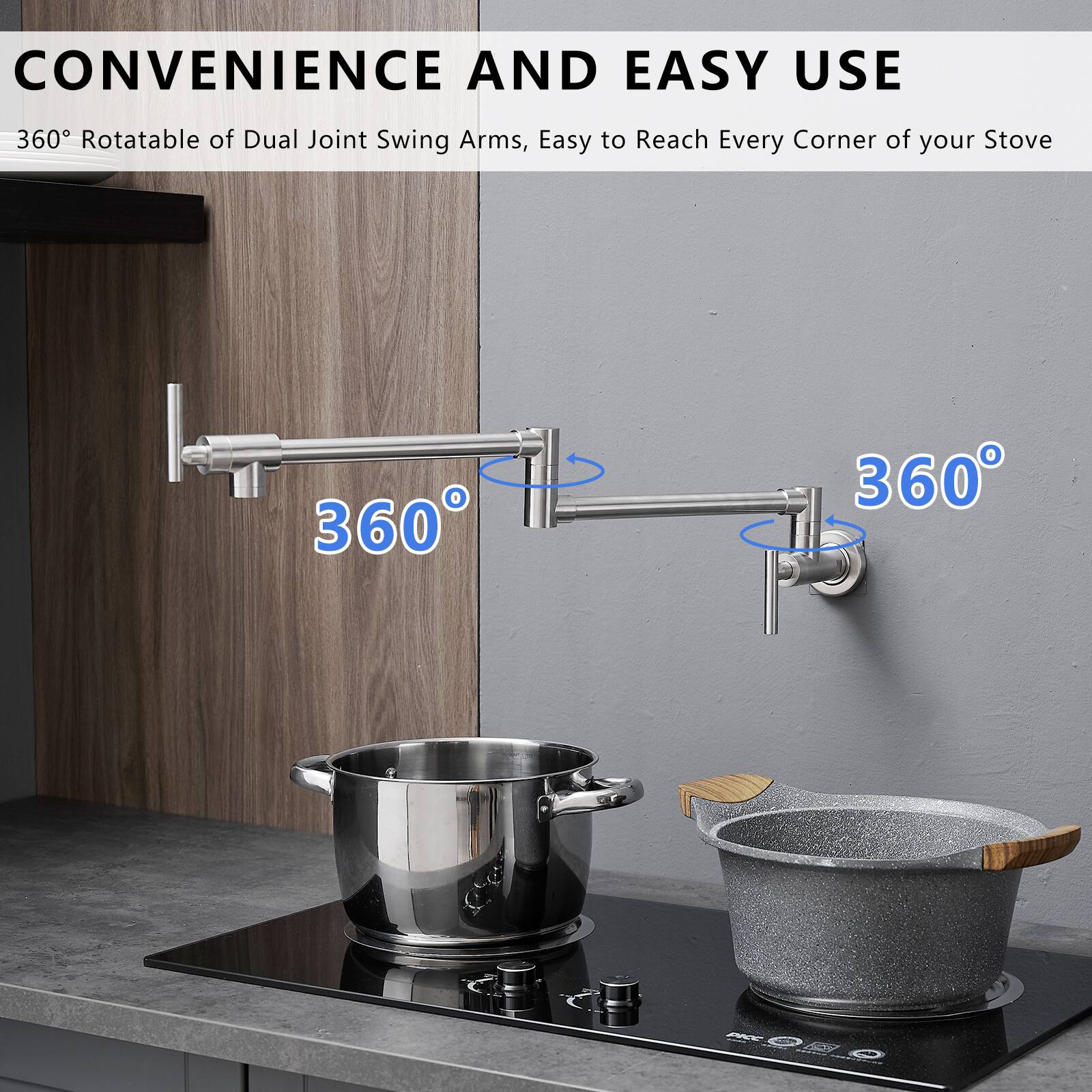 CONVENIENCE AND EASY USE

360° Rotatable of Dual Joint Swing Arms, Easy to Reach Every Corner of your Stove