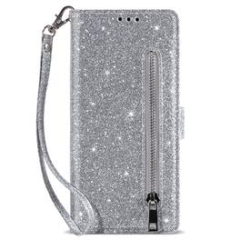 Dteck - for Samsung Galaxy Z Fold8 Ultra Phone Case Wallet with Credit Card Holder, Glitter PU Leather Lanyard Shockproof Cover - Silver