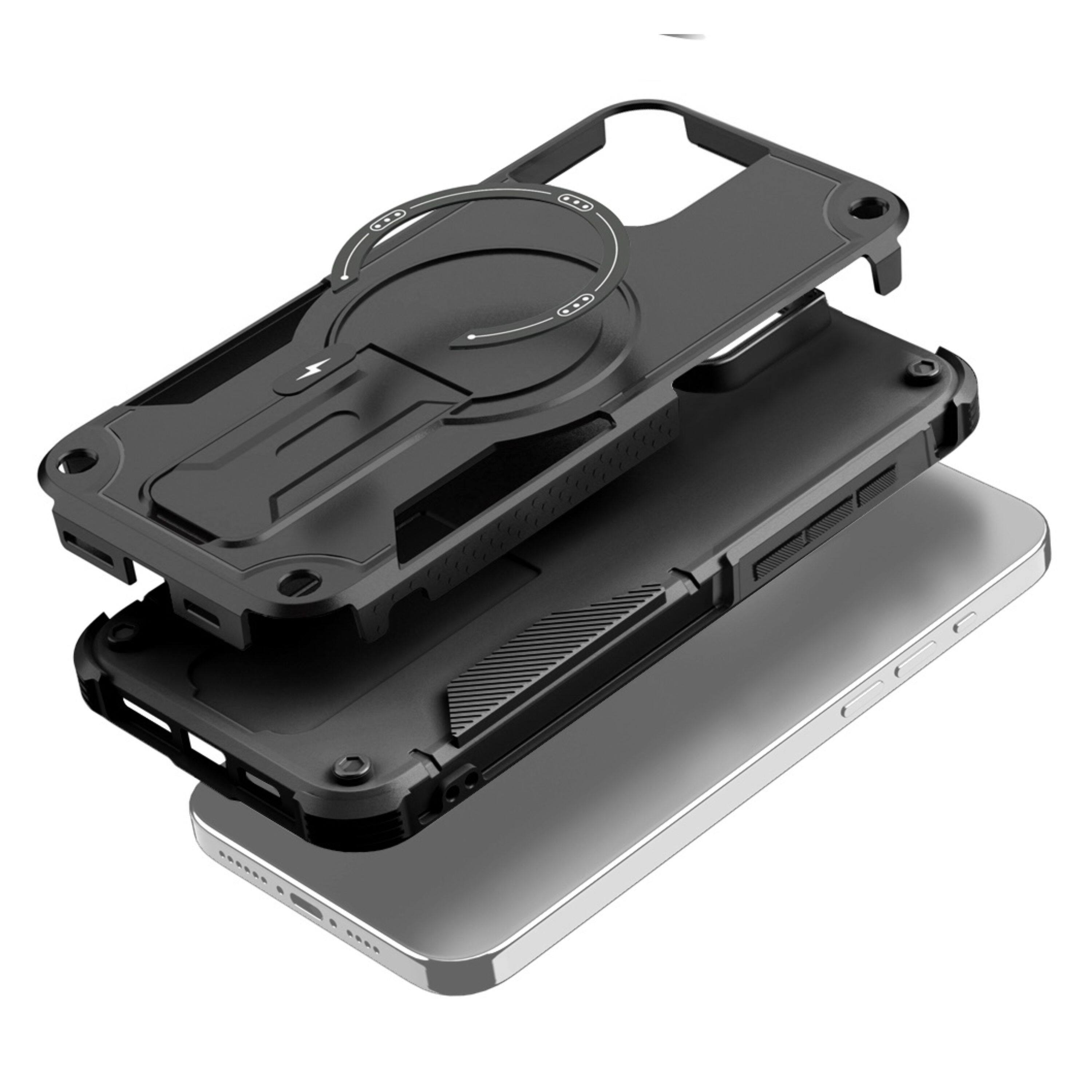 Left. Kitcheniva - Magnetic Circle Grip Kickstand Phone Case With Tempered Glass For iPhone 16 Plus Black - Black.