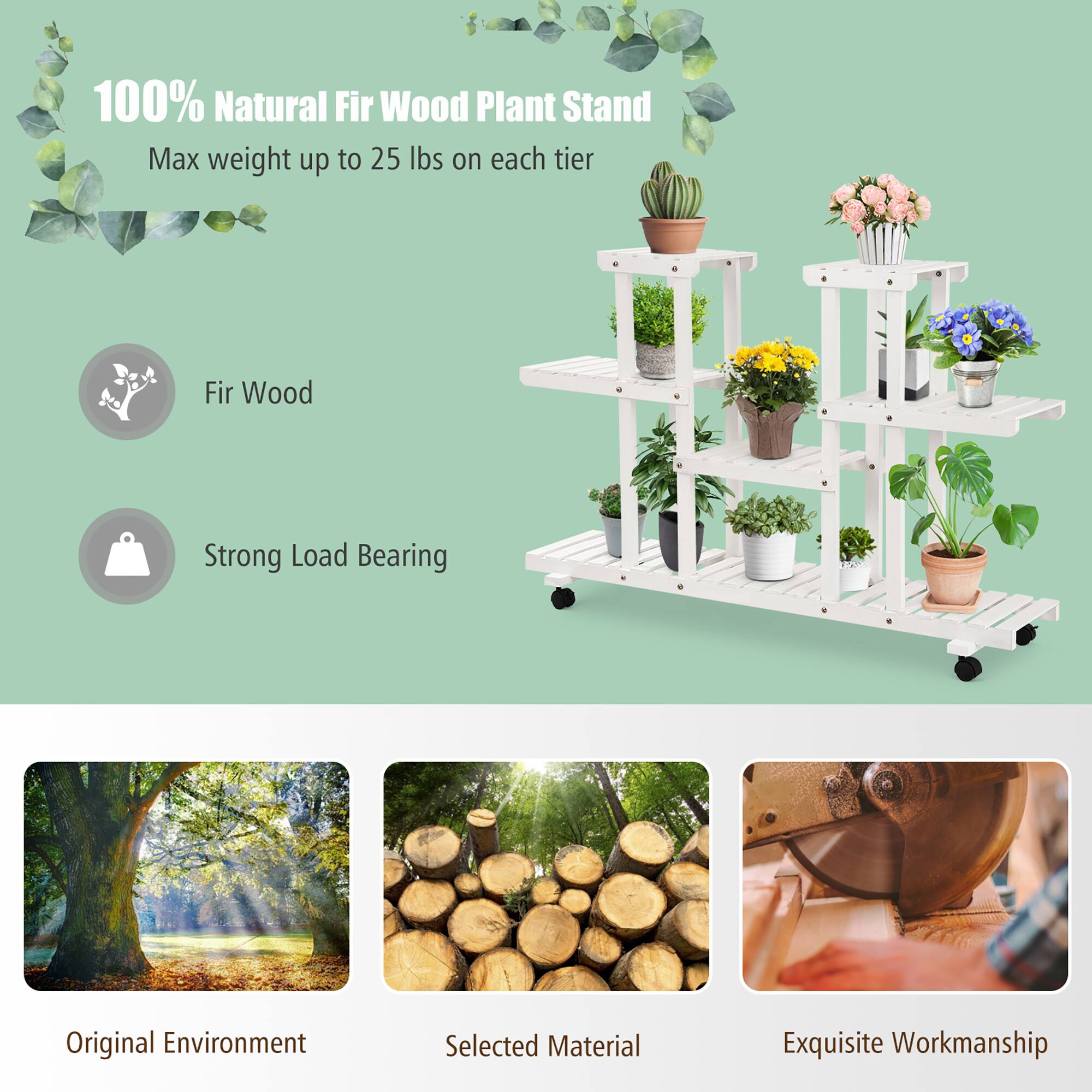 100% Natural Fir Wood Plant Stand Max weight up to 25 lbs on each tier Fir Wood Strong Load Bearing Original Environment Selected Material Exquisite Workmanship