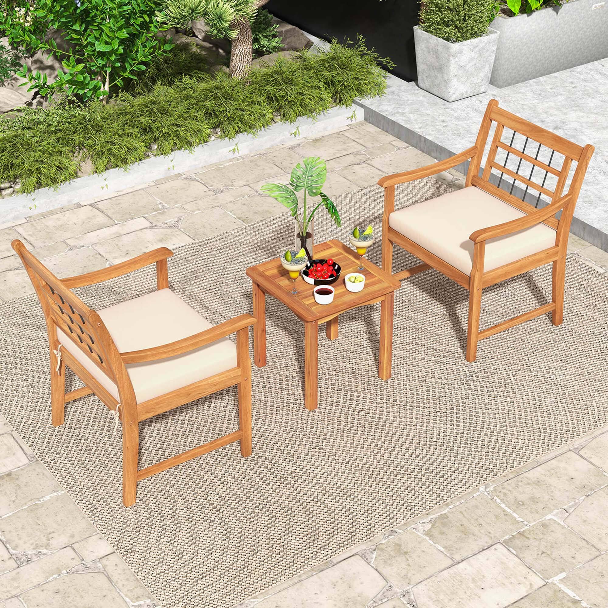 Alt View 3. Costway - 3 Pieces Acacia Wood Patio Bistro Set Outdoor Conversation Set with Cushions - Off White,Natural.