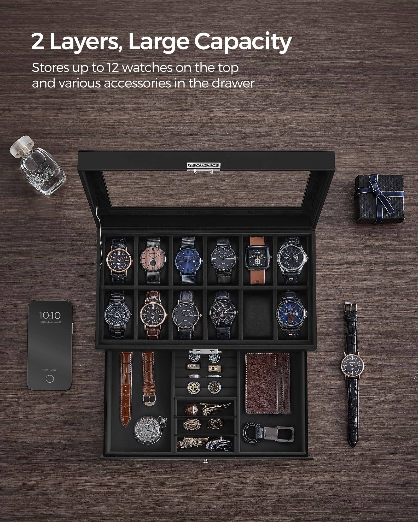 2 Layers, Large Capacity  
Stores up to 12 watches on the top and various accessories in the drawer