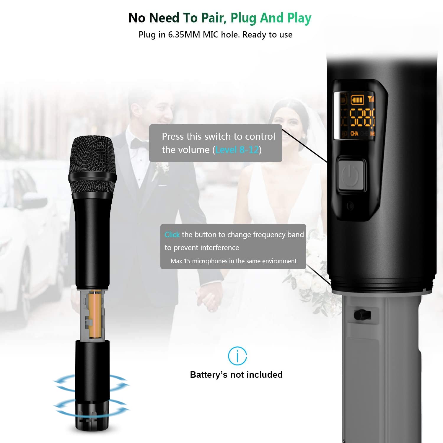 No Need To Pair, Plug And Play  
Plug in 6.35MM MIC hole. Ready to use  

Press this switch to control the volume (Level 8-12)  

Click the button to change frequency band to prevent interference  
Max 15 microphones in the same environment  

Battery's not included