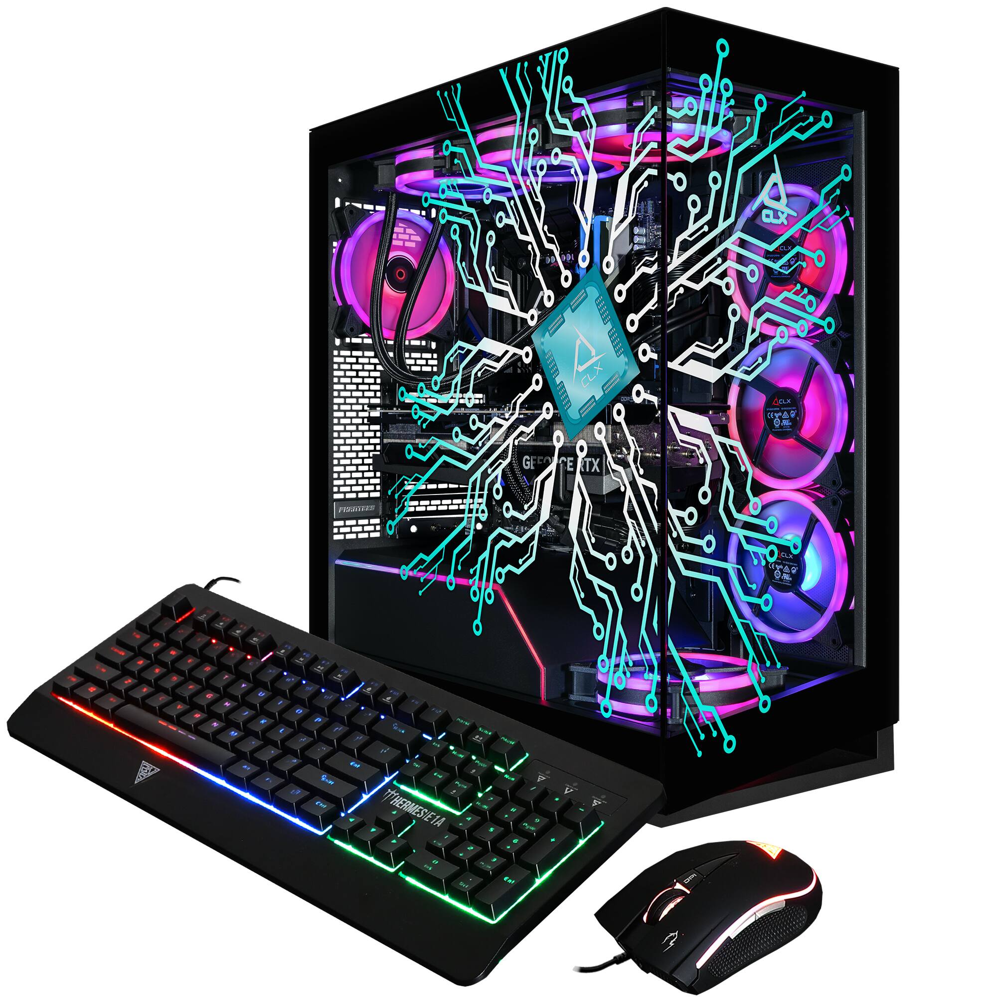 The image features a computer with a keyboard and mouse placed in front of it. The keyboard has a colorful design, and the mouse is located to the right of the keyboard. The computer is open, revealing its internal components, including a CPU and fans. The fans are positioned on the left and right sides of the computer, with one fan being larger than the other. The overall setup suggests a well-equipped and visually appealing computer setup.
