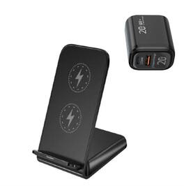 RISOKEYS - 15W Fast Charging Wireless Charger with Charging Port - Horizontal and Vertical Dual-Use Desk Phone Stand for Phone - Black