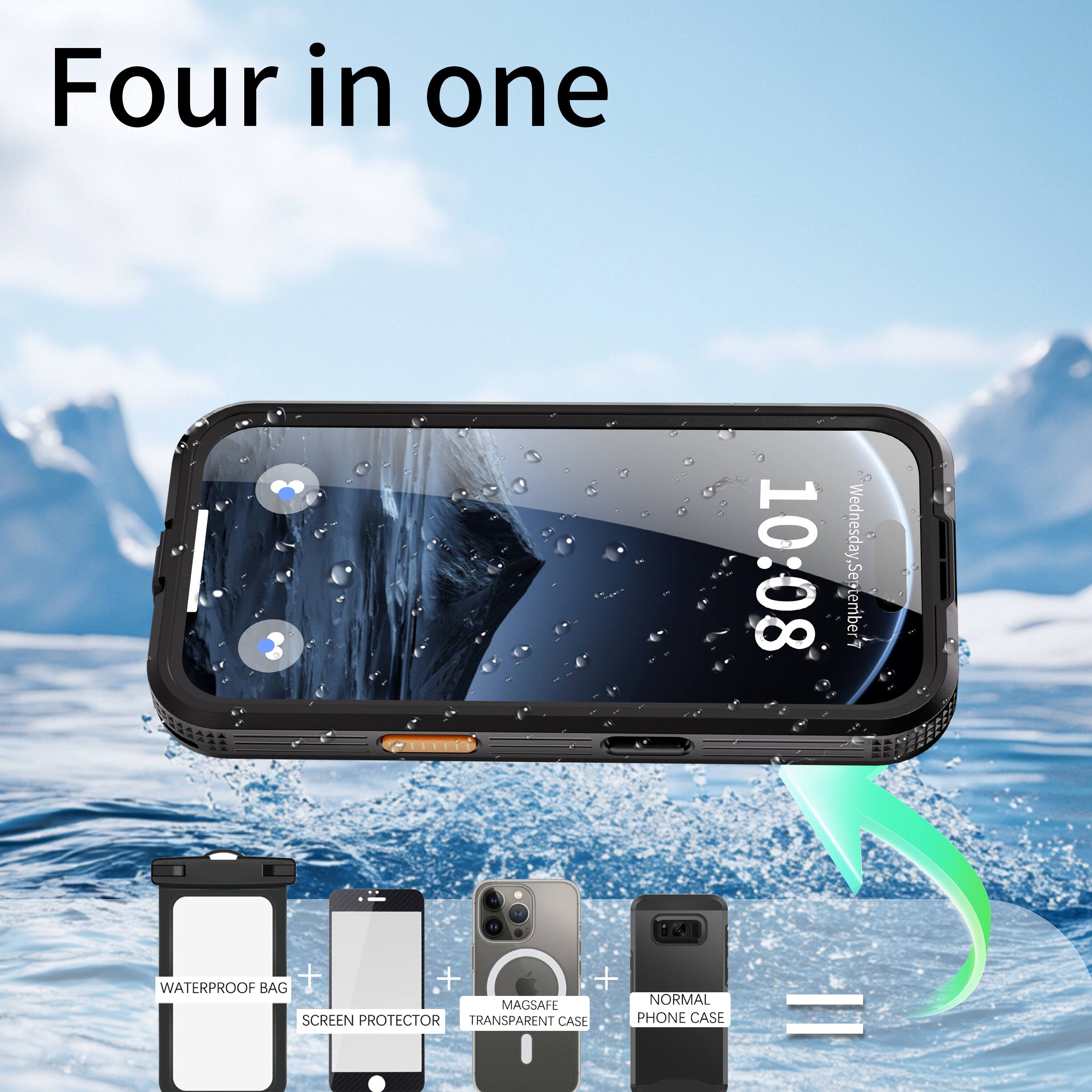 Four in one

3 10:08 Wednesday, September

WATERPROOF BAG + SCREEN PROTECTOR + MAGSAFE TRANSPARENT CASE + NORMAL PHONE CASE =