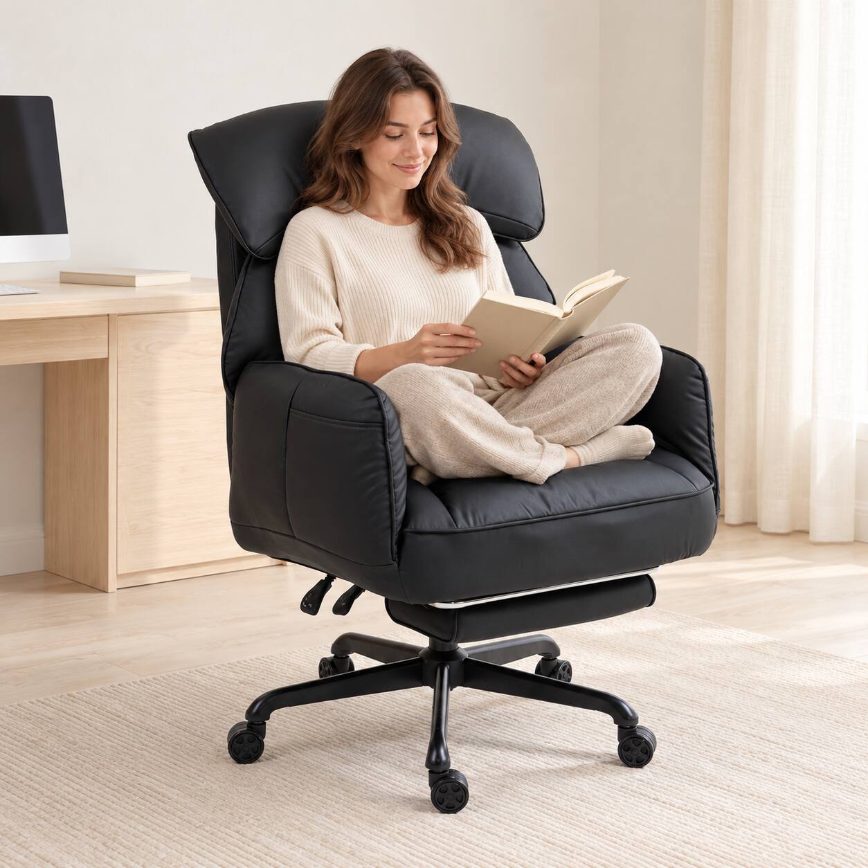 Left. Dowinx - Cross-Legged Office Chair & Gaming Chair with 180° Pivoting Arms, Footrest & Reclining Backrest - Black.