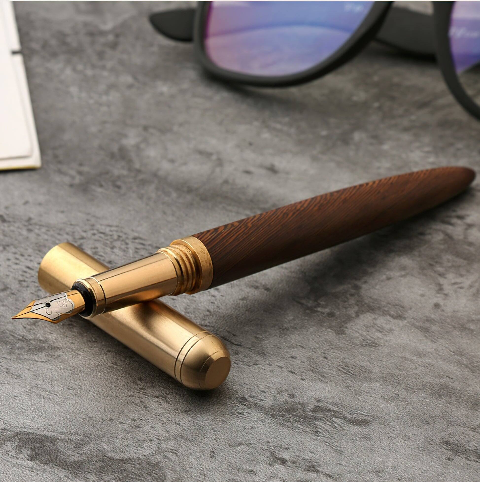 Front. Steel Horse Leather - The Hemmingway | Handmade Wood and Brass Fountain Pen - Cherry.