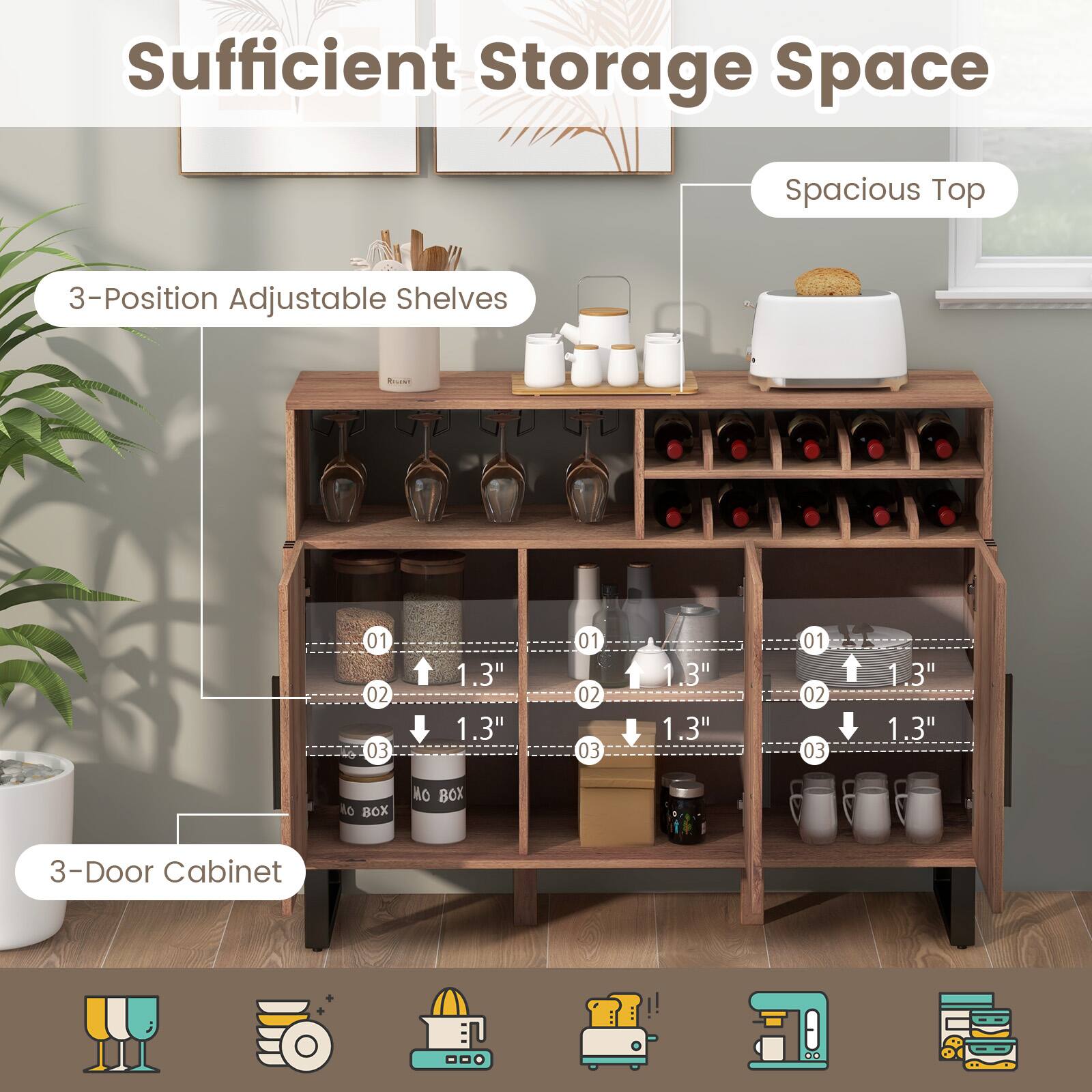 Sufficient Storage Space, Spacious Top, 3-Position Adjustable Shelves, 1.3", 1.3", 1.3", 1.3", 3-Door Cabinet