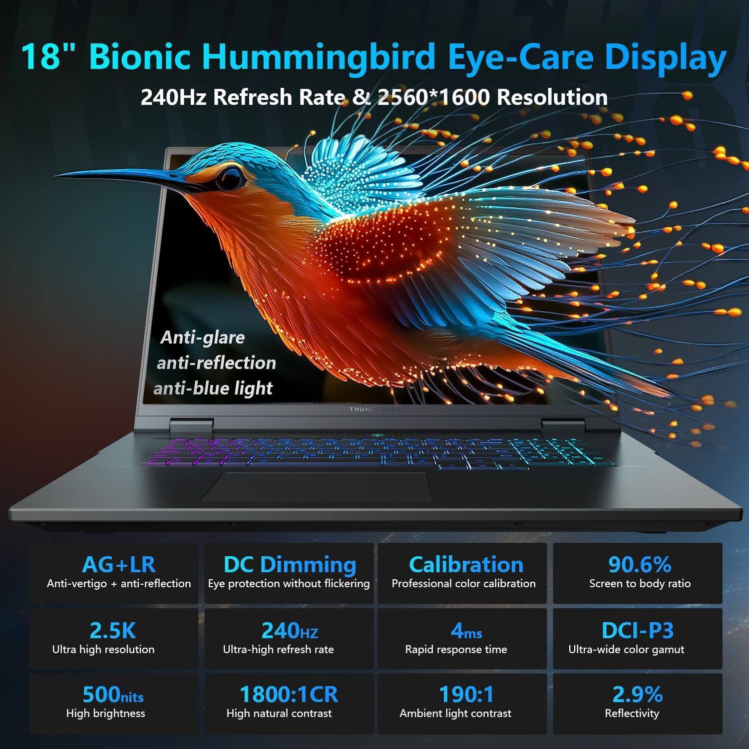 18" Bionic Hummingbird Eye-Care Display  
240Hz Refresh Rate & 2560*1600 Resolution  

Anti-glare  
Anti-reflection  
Anti-blue light  

AG+LR  
Anti-vertigo + anti-reflection  

DC Dimming  
Eye protection without flickering  

Calibration  
Professional color calibration  

2.5K  
Ultra high resolution  

240Hz  
Ultra-high refresh rate  

4ms  
Rapid response time  

DCI-P3  
Ultra-wide color gamut  

500nits  
High brightness  

1800:1CR  
High natural contrast  

190:1  
Ambient light contrast  

90.6%  
Screen to body ratio  

2.9%  
Reflectivity