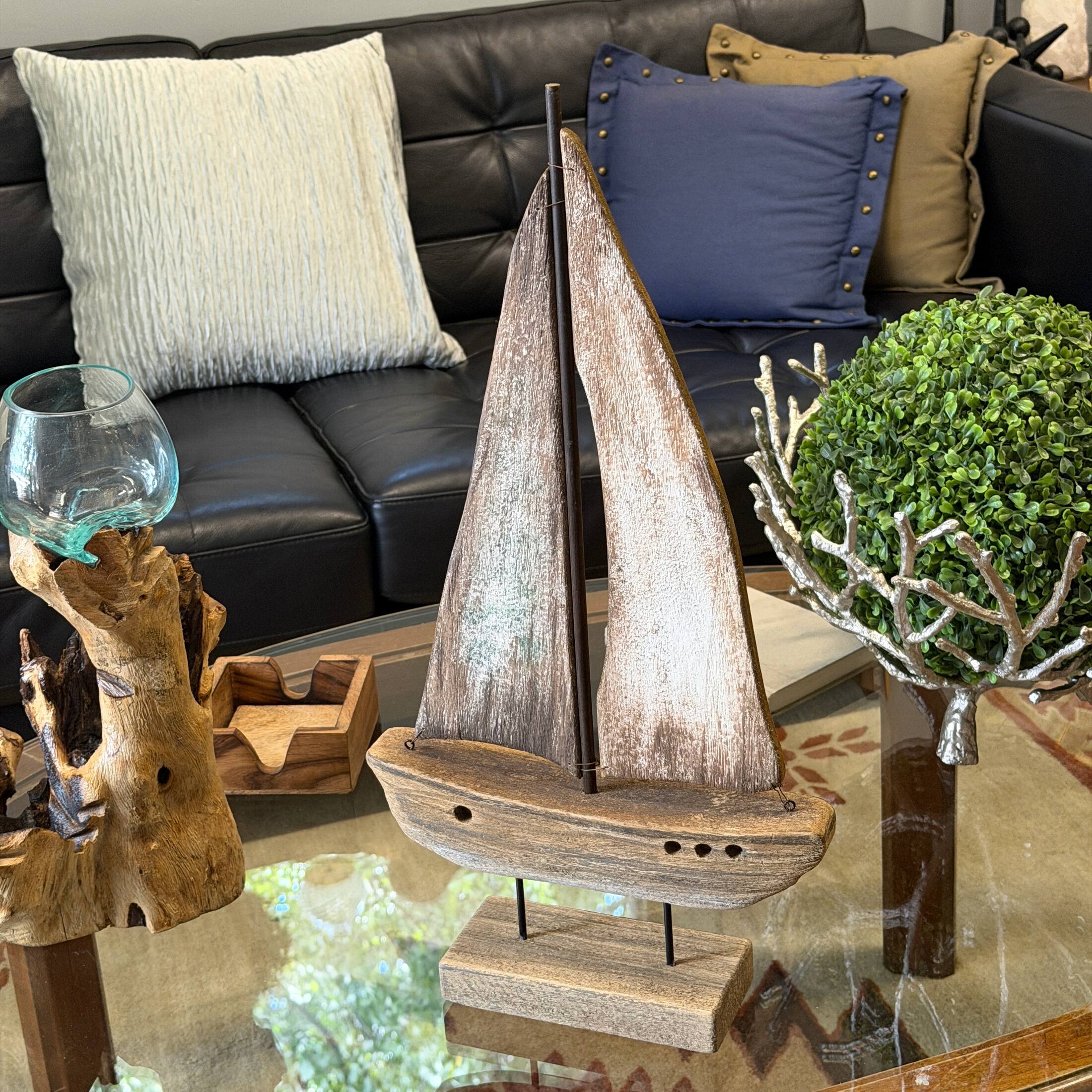 Alt View 5. Things2Die4 - Weathered Wood Sailboat Sculpture 22 Inch Nautical Coastal Tabletop Decor - Natural.