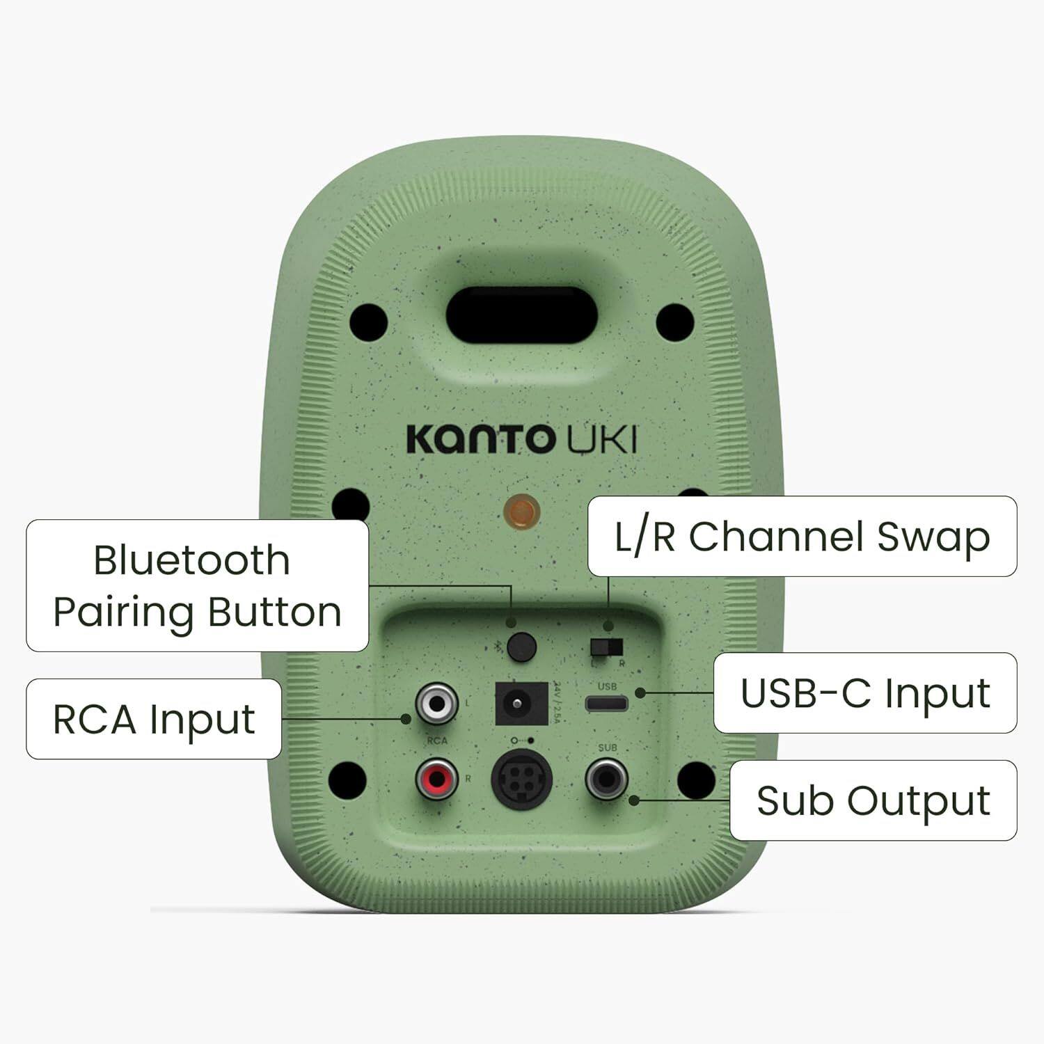 Kanto UKI

- Bluetooth Pairing Button
- RCA Input
- L/R Channel Swap
- USB-C Input
- Sub Output