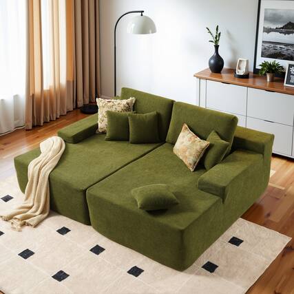 Front. Ovios - 81" Oversized Sectional Double Chaise Lounge with Cloud Plush Corduroy Sofa Bed - Green(Sherpa).