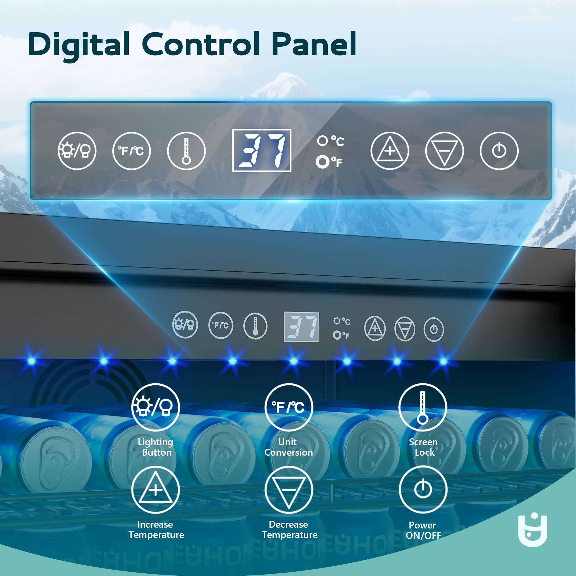 Digital Control Panel

- Lighting Button
- Unit Conversion (°F/°C)
- Screen Lock
- Increase Temperature
- Decrease Temperature
- Power ON/OFF