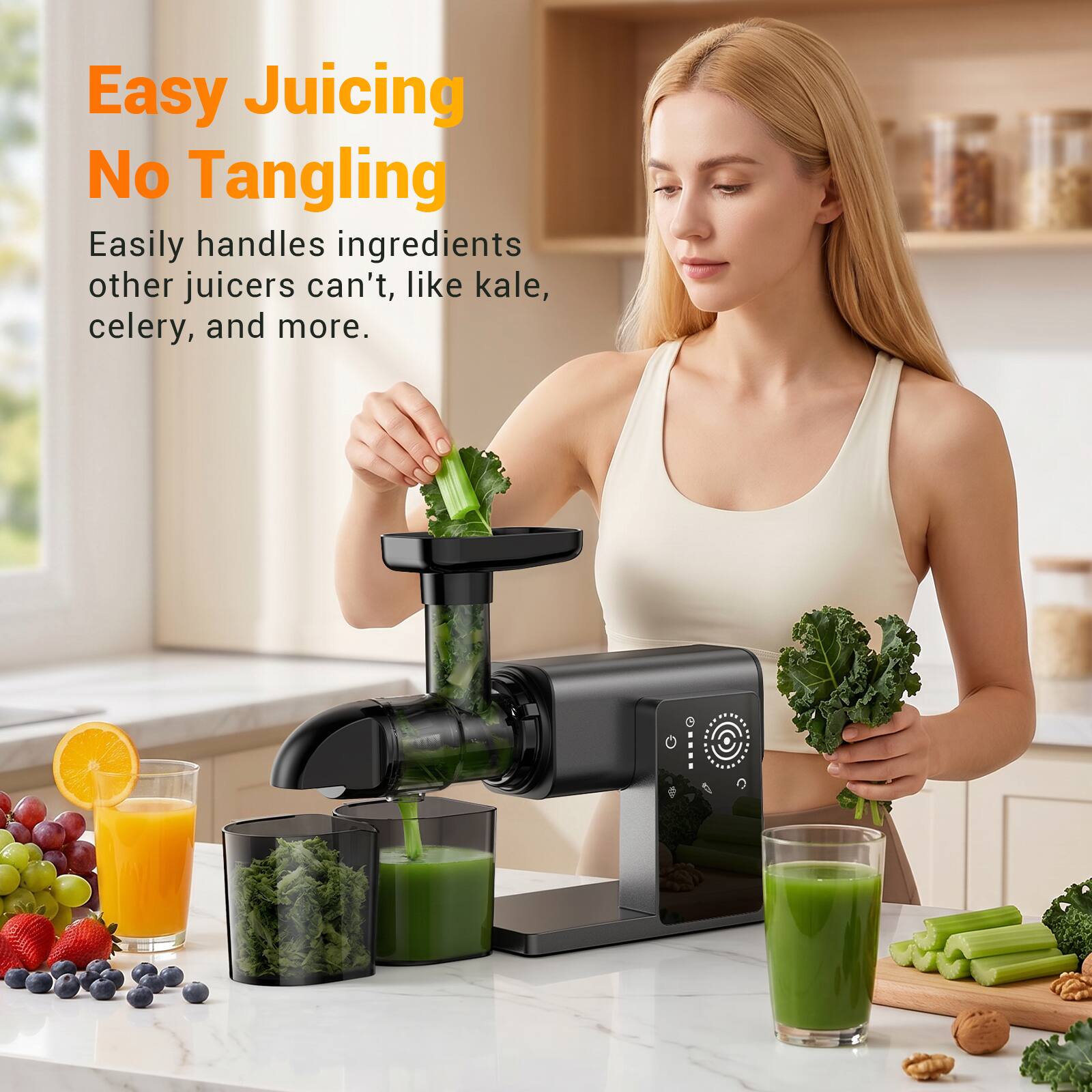 Easy Juicing  
No Tangling  

Easily handles ingredients other juicers can't, like kale, celery, and more.
