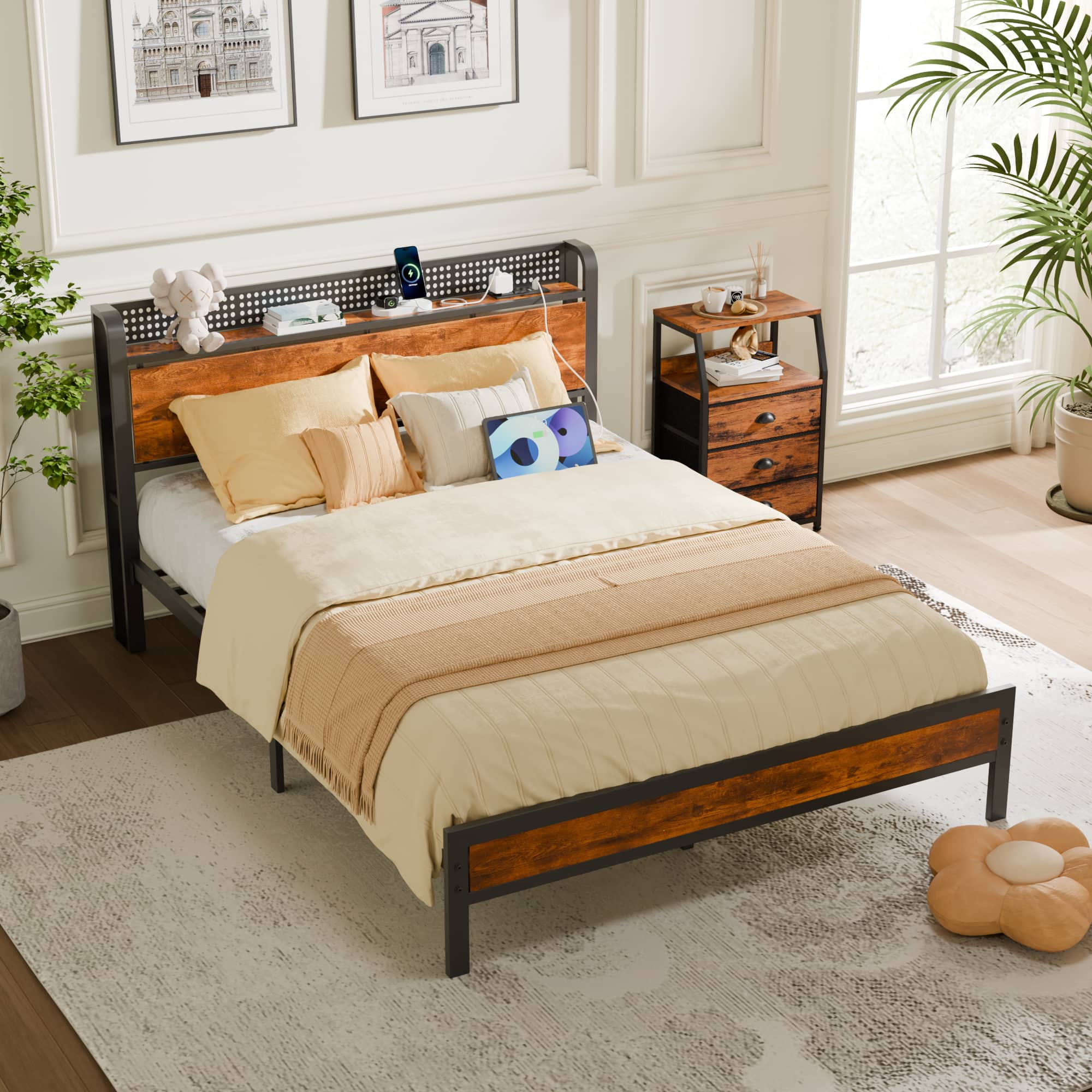 Furnulem - Queen Size Bed Frame with Storage Headboard and LED Light - Brown