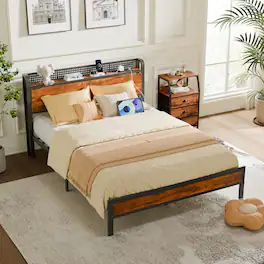 Furnulem - Queen Size Bed Frame with Storage Headboard and LED Light - Brown