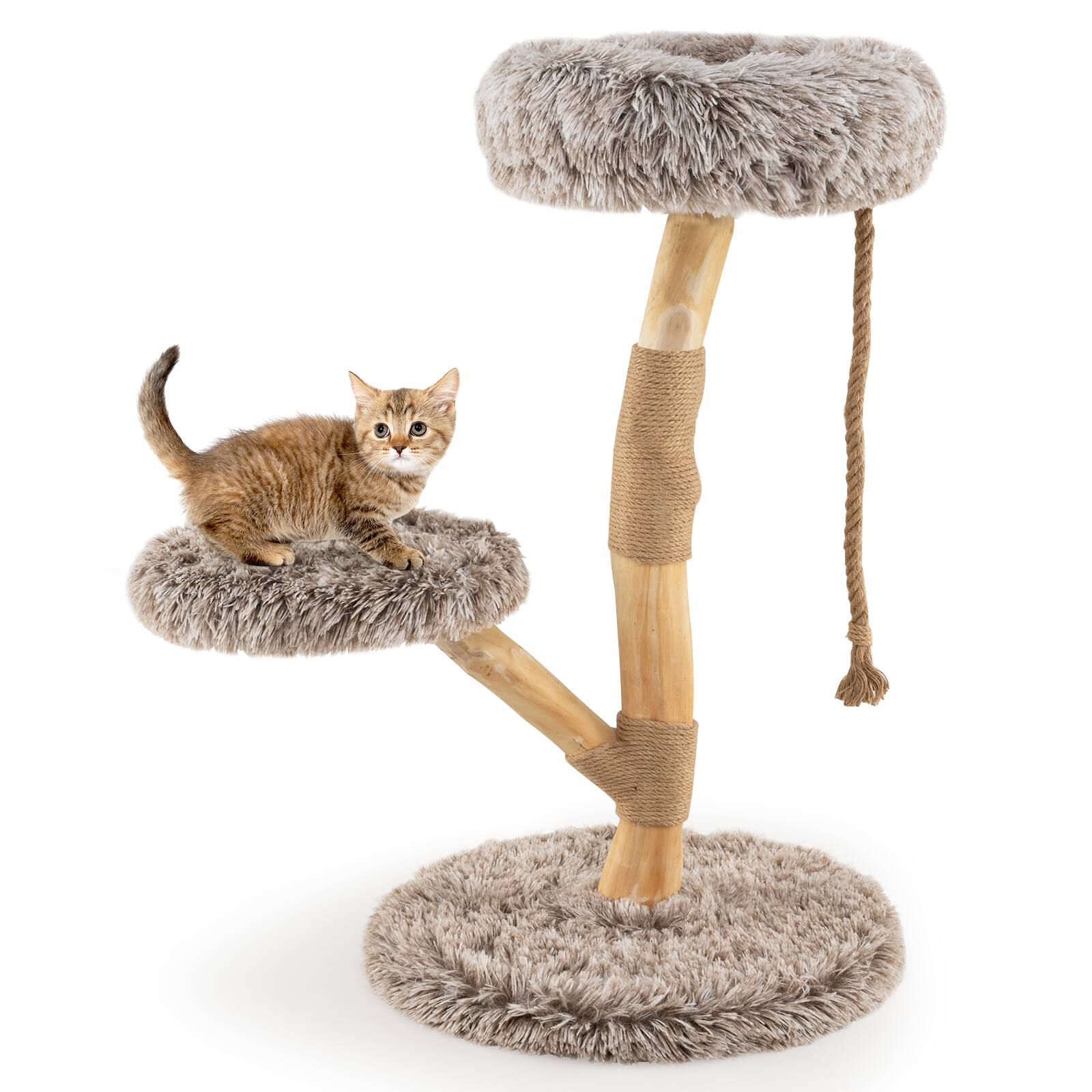 Alt View 8. Gymax - Gymax Solid Wood Cat Tower Modern Cat Scratching Tree w/Luxurious Perch Teasing Rope - GYM18388.