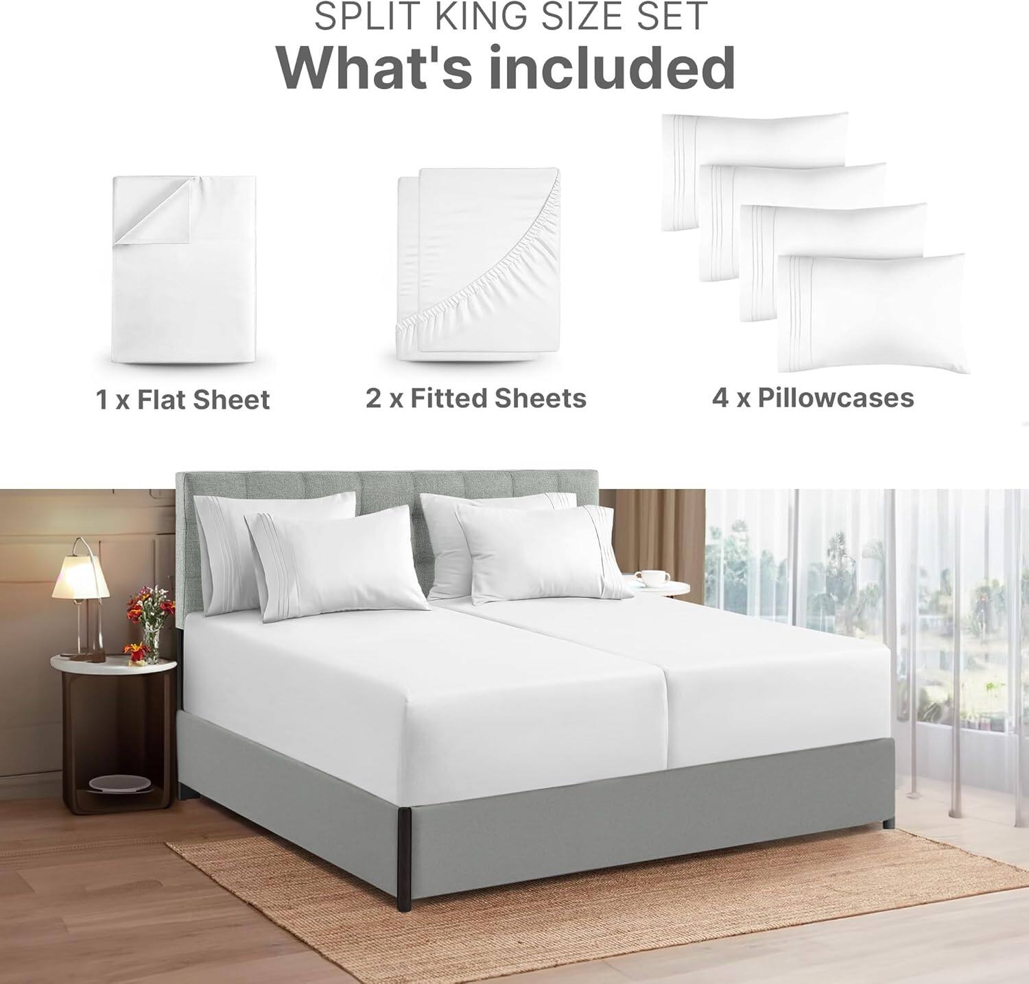SPLIT KING SIZE SET  
What's included  
1 x Flat Sheet  
2 x Fitted Sheets  
4 x Pillowcases