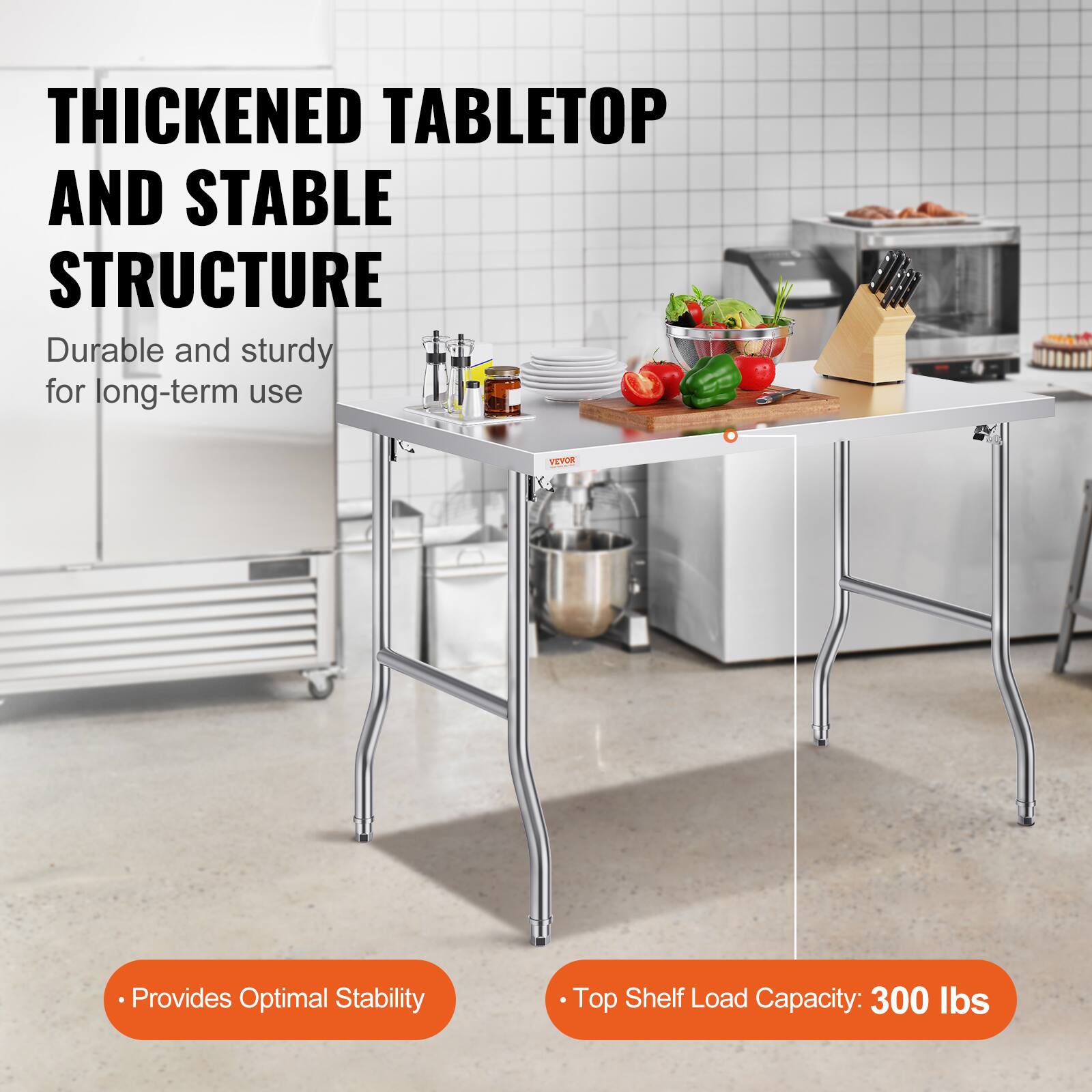 **Thickened Tabletop and Stable Structure**

Durable and sturdy for long-term use

- Provides Optimal Stability
- Top Shelf Load Capacity: 300 lbs