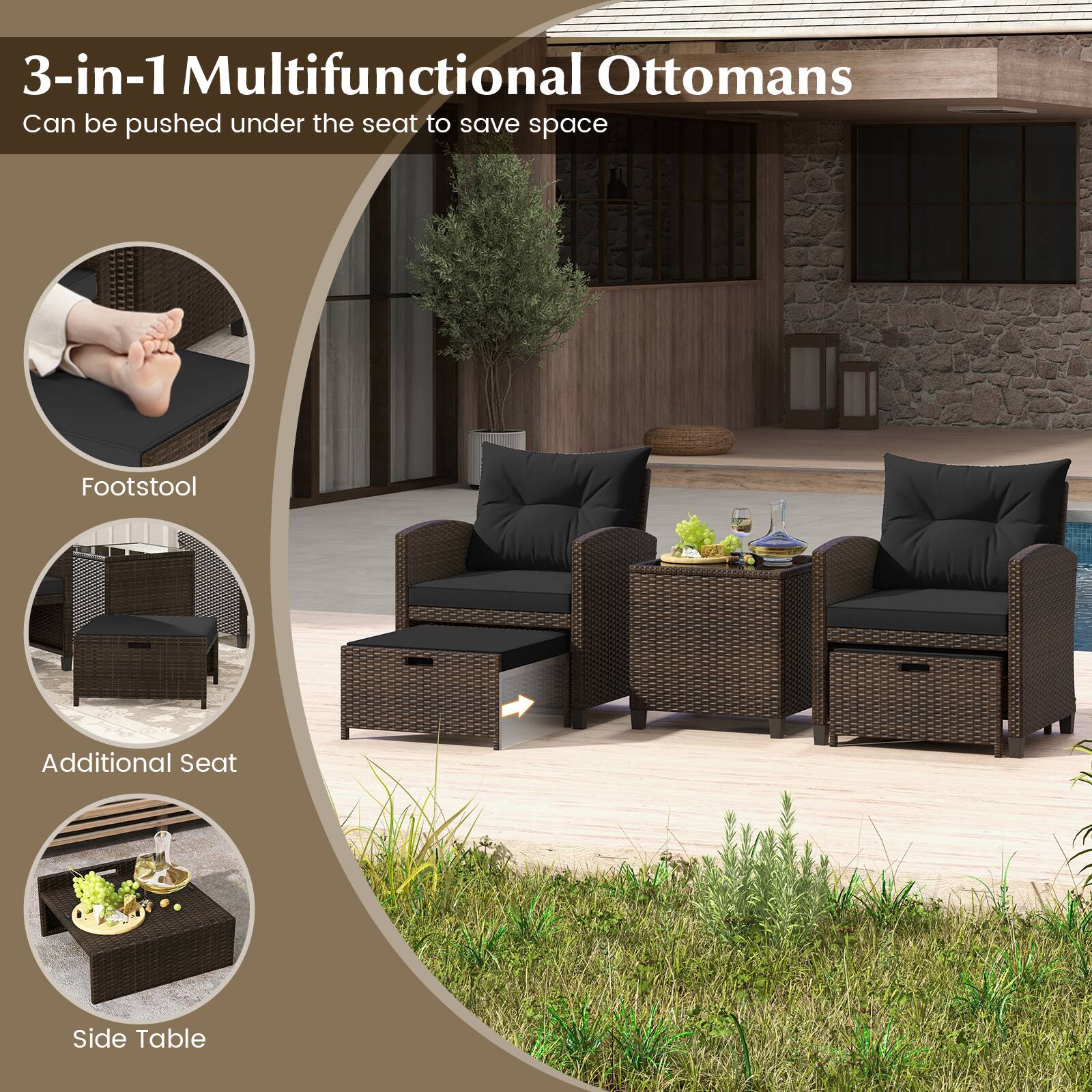 3-in-1 Multifunctional Ottomans: Can be pushed under the seat to save space, Footstool, Additional Seat, Side Table.