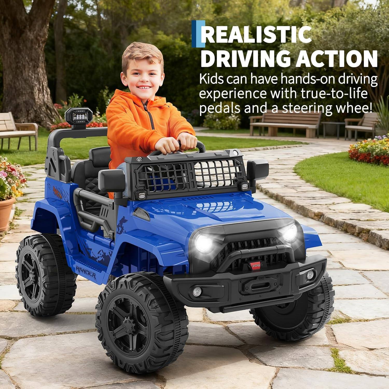 REALISTIC DRIVING ACTION  
Kids can have hands-on driving experience with true-to-life pedals and a steering wheel!
