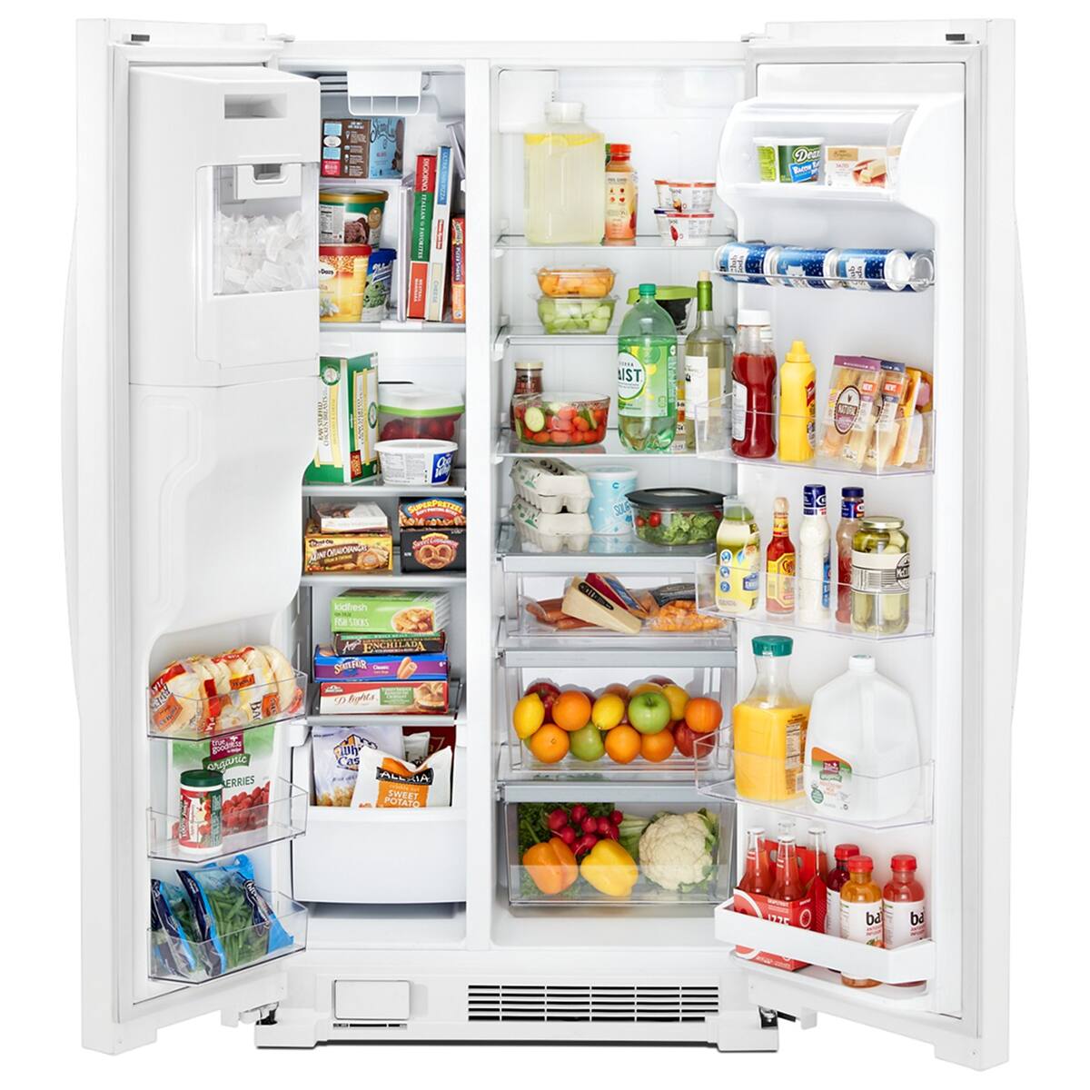 Sure, here is the corrected and grouped text from the image:

---

**Freezer:**
- Ice cubes

**Top Shelf:**
- Milk
- Yogurt
- Cheese

**Second Shelf:**
- Eggs
- Butter
- Condiments (ketchup, mustard, etc.)

**Third Shelf:**
- Fruits (oranges, apples, peaches, cherries)
- Vegetables (cauliflower, broccoli)

**Fourth Shelf:**
- Bread
- Bagels
- Bag of frozen berries

**Fifth Shelf:**
- Cereal
- Juice
- Milk

**Bottom Shelf:**
- Vegetables (spinach, etc.)

**Door Shelves:**
- Bottled water
- Juice
- Condiments (mayonnaise, salad dressing, etc.)
- Cheese
- Yogurt
- Milk

**Bottom Drawer:**
- Vegetables

--- 

This grouping organizes the items as they appear in the refrigerator.