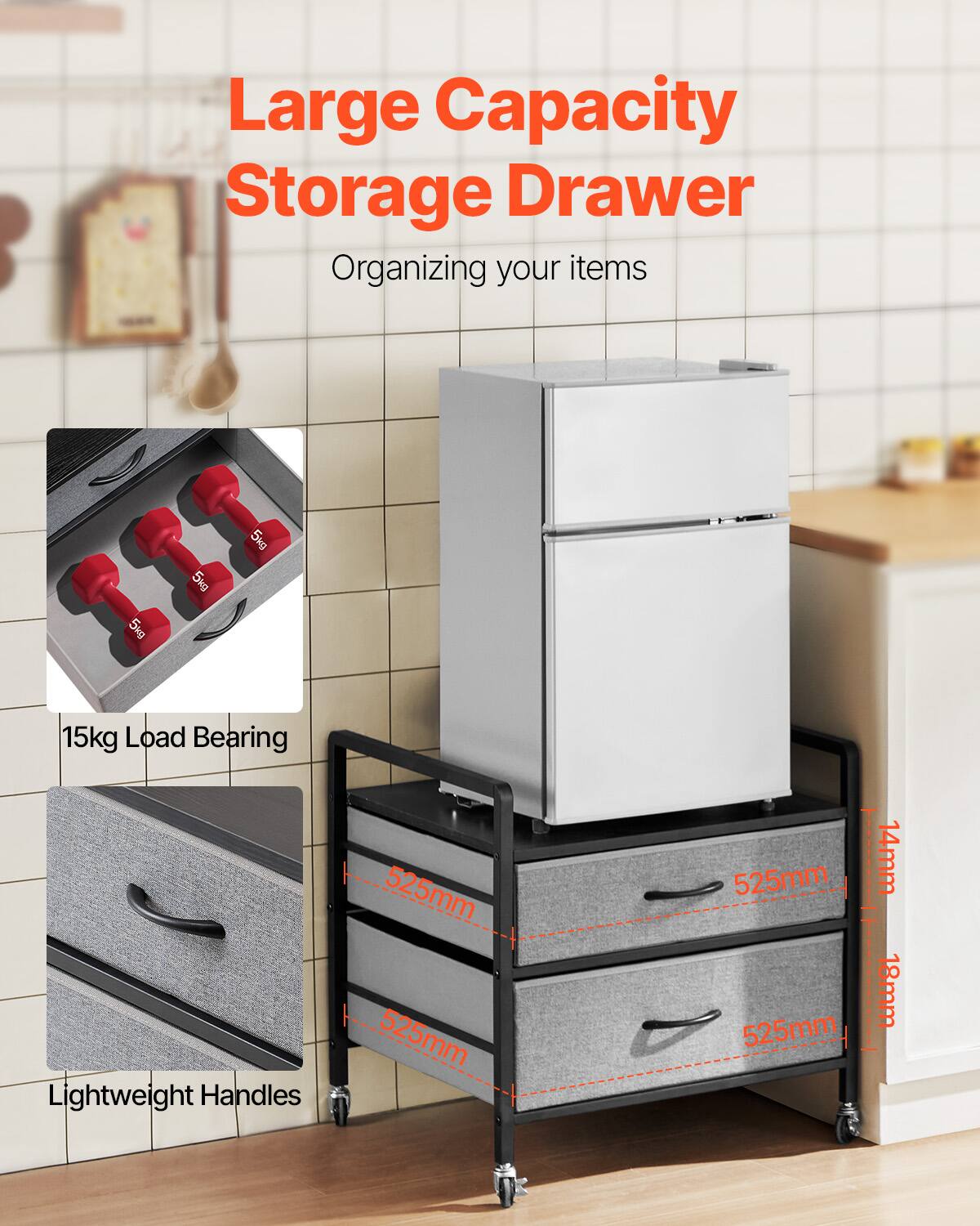 Large Capacity Storage Drawer, Organizing your items, 15kg Load Bearing, Lightweight Handles, 525mm, 525mm, 525mm | 14mm, 18mm, 525mm