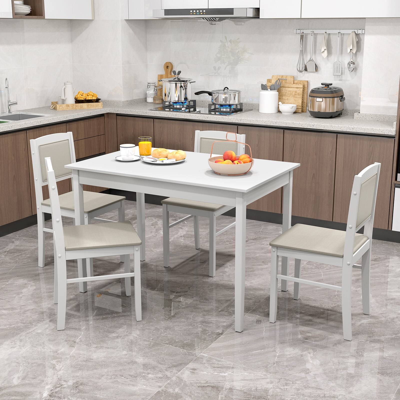 Alt View 4. Costway - Costway 5 PCS Dining Table Set for 4 with Rubber Wood Legs Upholstered Seat Padded Backrest - Beige.