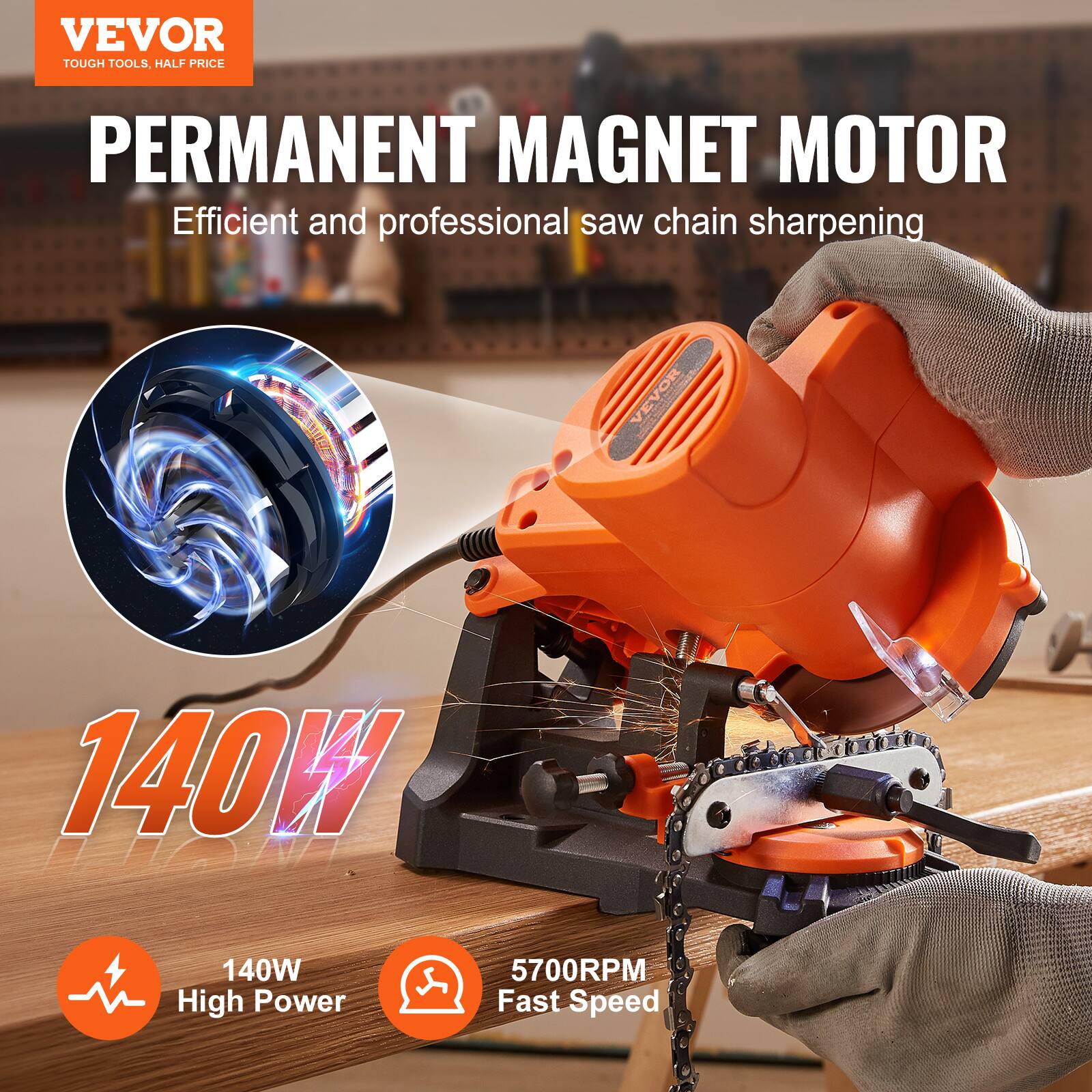 VEVOR TOUGH TOOLS, HALF PRICE

PERMANENT MAGNET MOTOR

Efficient and professional saw chain sharpening

140W
140W High Power
5700RPM Fast Speed