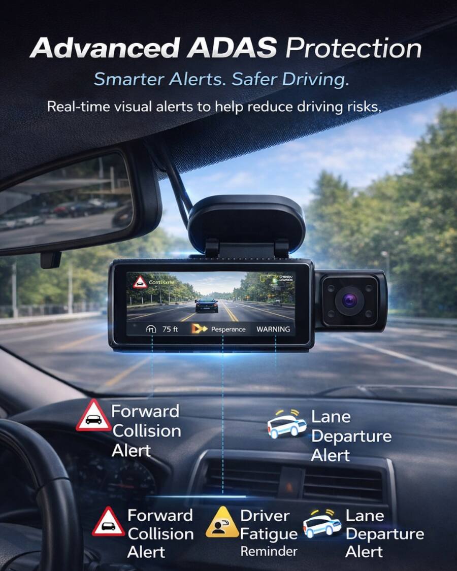 Advanced ADAS Protection  
Smarter Alerts. Safer Driving.  
Real-time visual alerts to help reduce driving risks,  

- Forward Collision Alert  
- Lane Departure Alert  
- Driver Fatigue Reminder  
- Lane Departure Alert