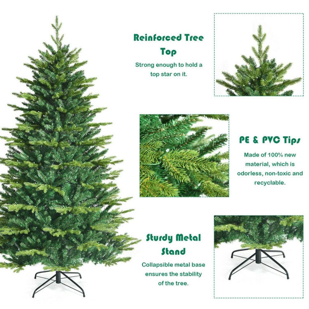 Reinforced Tree Top  
Strong enough to hold a top star on it.  

PE & PVC Tips  
Made of 100% new material, which is odorless, non-toxic and recyclable.  

Sturdy Metal Stand  
Collapsible metal base ensures the stability of the tree.