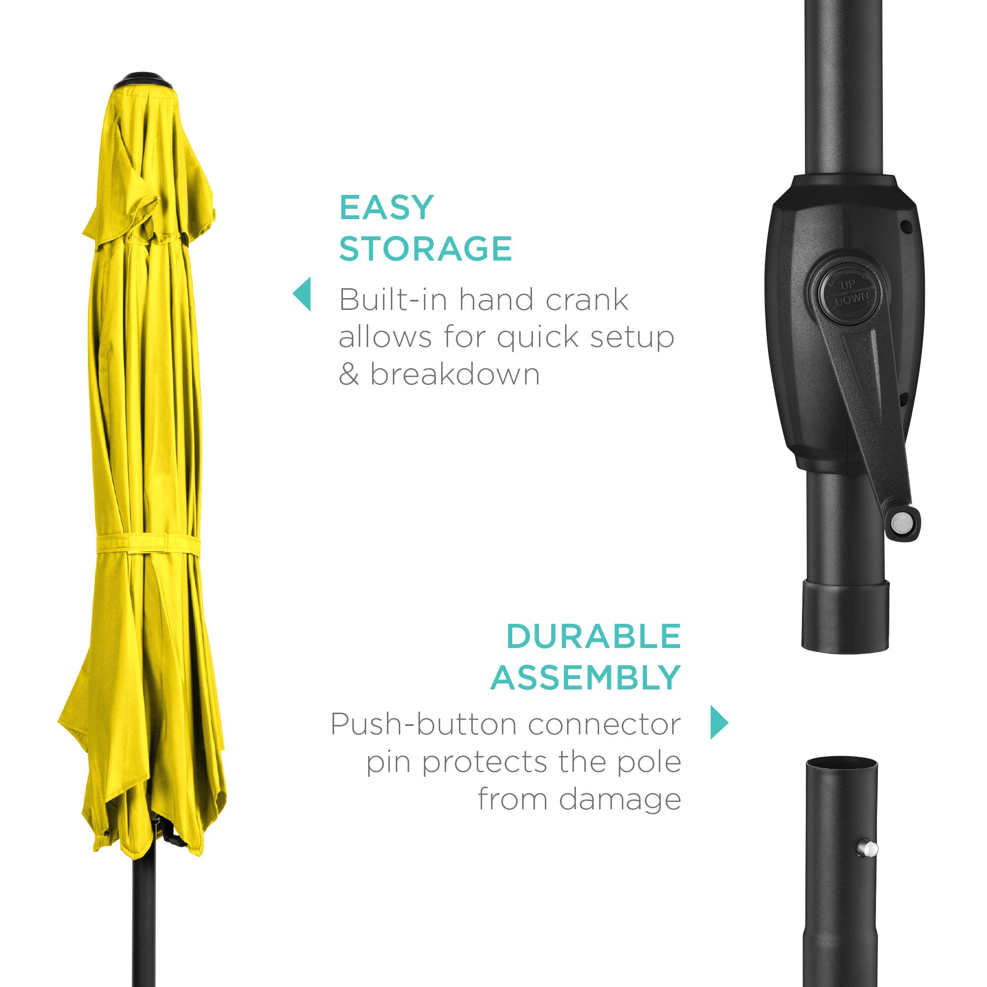 EASY STORAGE  
Built-in hand crank allows for quick setup & breakdown  

DURABLE ASSEMBLY  
Push-button connector pin protects the pole from damage
