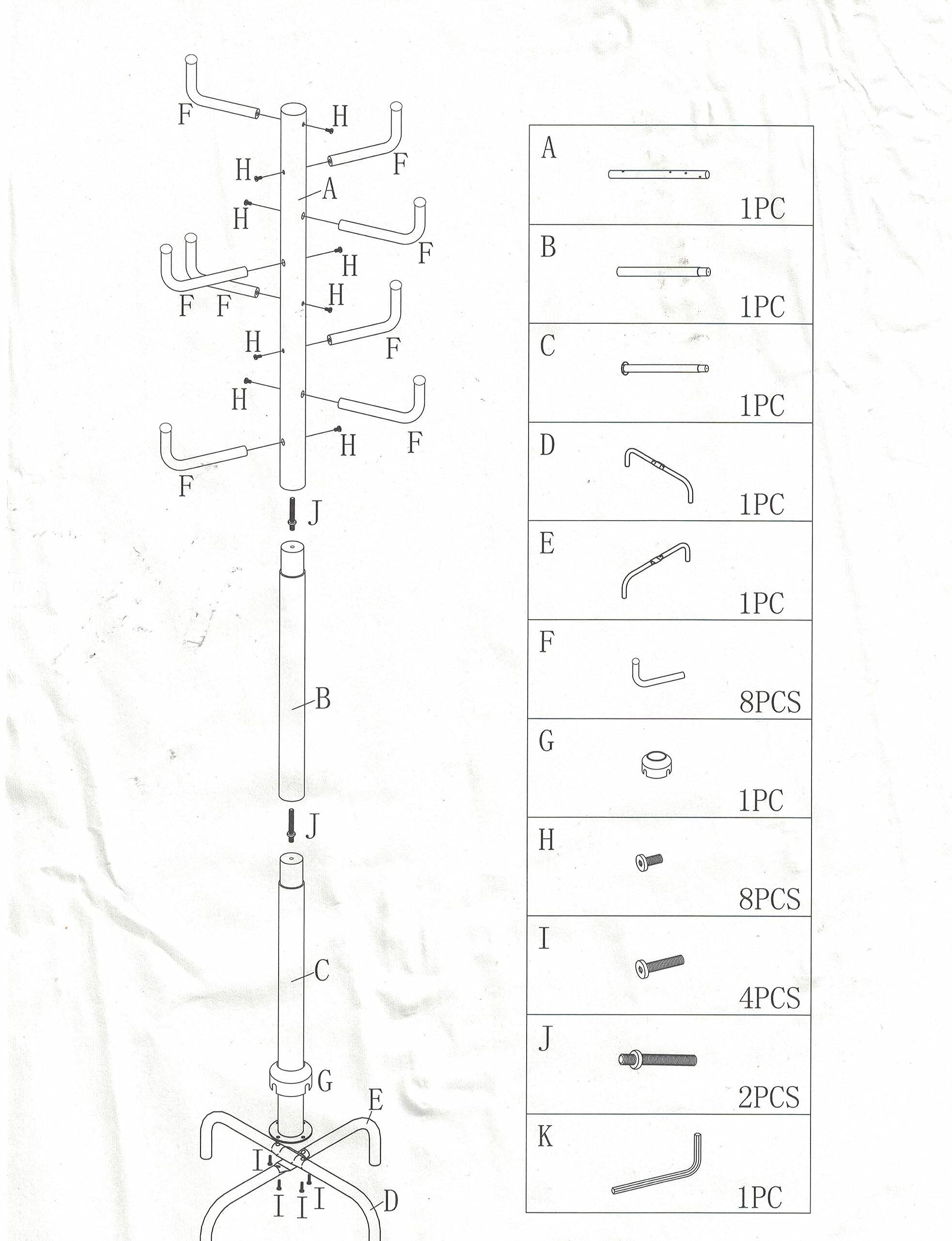 Sure, here is the corrected and grouped text from the image:

---

**Components:**

- A: 1PC
- B: 1PC
- C: 1PC
- D: 1PC
- E: 1PC
- F: 8PCS
- G: 1PC
- H: 8PCS
- I: 4PCS
- J: 2PCS
- K: 1PC

**Assembly:**

- F F F 5 H H F H H - H e A H H 6 H J F F F F A C D E F
- 1PC 1PC C 1PC 1PC C 1PC J G H CO 8PCS 1PC I I I C G I I E D I J K 8PCS 4PCS 2PCS 1PC

---