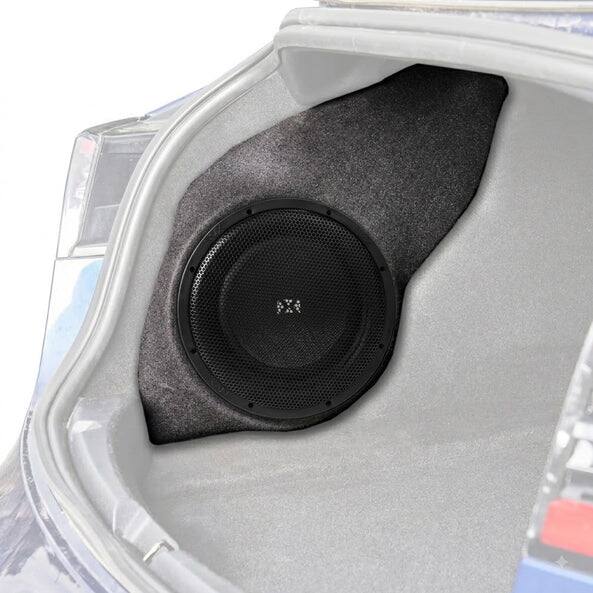 Angle. NVX - 2017-2022 Tesla Model 3 BOOST Box - 350W RMS Custom-Fit Loaded Single 10" Sealed Subwoofer Enclosure - Black.