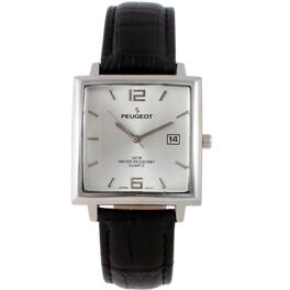 Peugeot - Men's Modern 35mm Square Watch with Metal Case and Leather Band - Silver