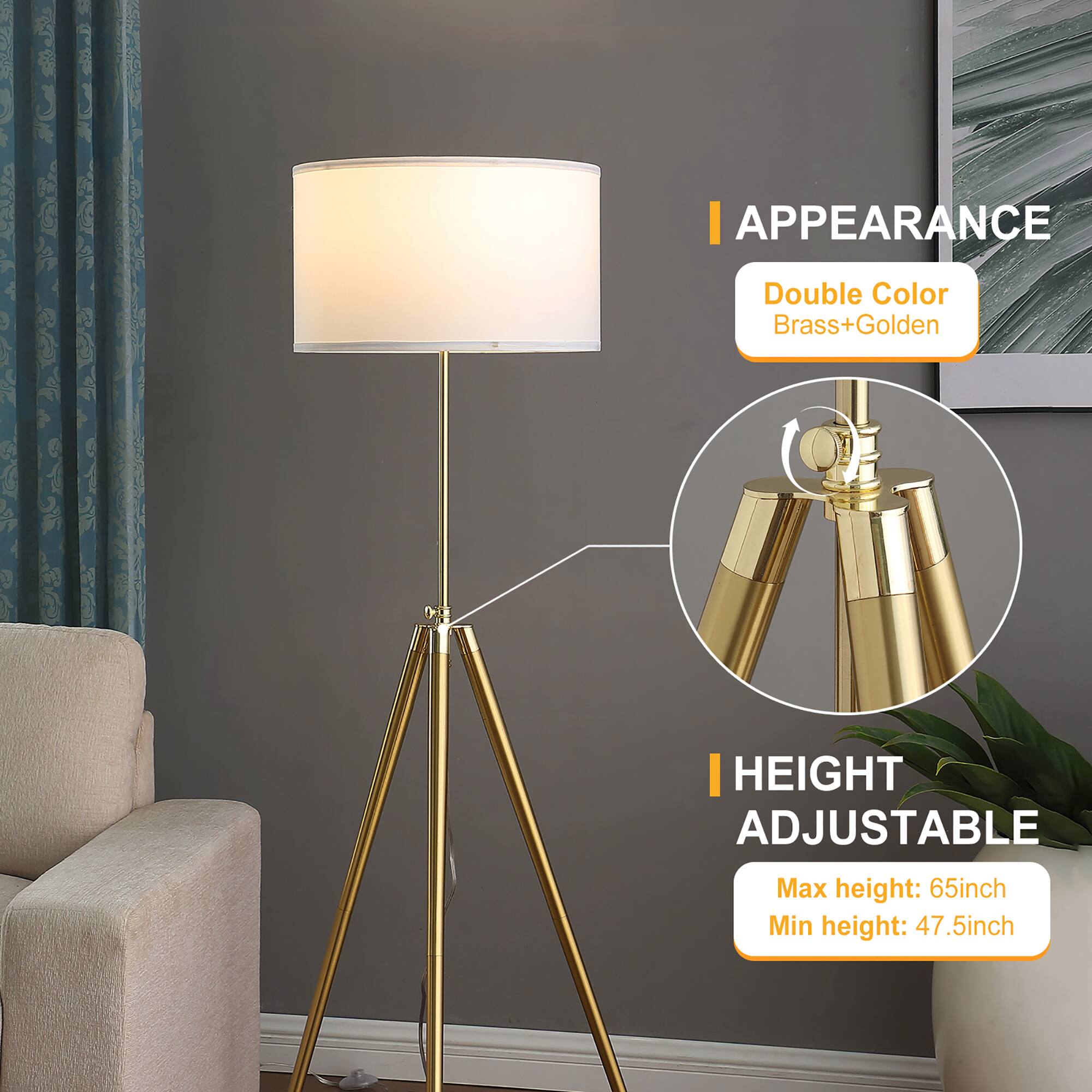 **Appearance:**  
Double Color Brass+Golden

**Height Adjustable:**  
Max height: 65 inch  
Min height: 47.5 inch