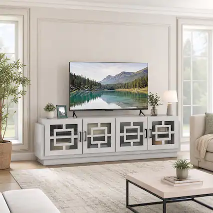 Front. WELLFOR - TV Stand for TV up to 75" with 4 Door, Elegant Design Entertainment CenterTV Console for Living Room Bedroom - Oak.