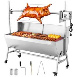 VEVOR - Rotisserie Grill, 38W BBQ Outdoor Pig & Lamb Spit Roaster, Charcoal Spit Roaster with 132 LBS Capacity - Stainless steel color