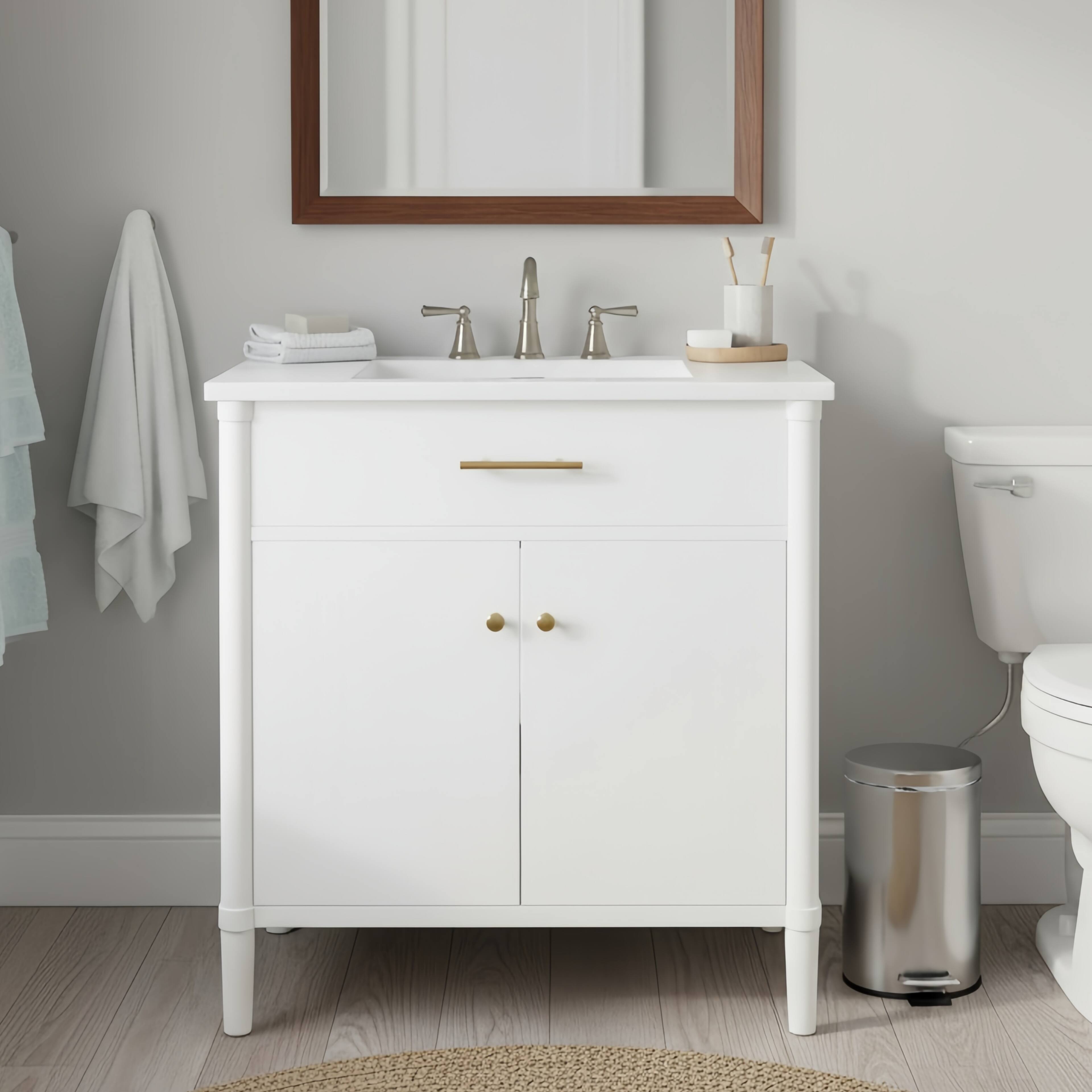 Left. Loheer - 2.58 ft Bathroom Vanity with Sink, Soft-Close Doors, Adjustable Shelf, Curved White Cabinet. - White.