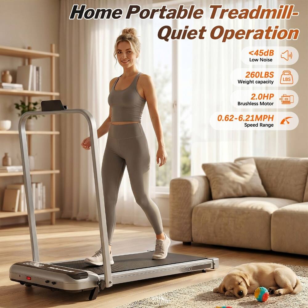 Home Portable Treadmill - Quiet Operation  
<45dB Low Noise  
260LBS Weight Capacity  
2.0HP Brushless Motor  
0.62-6.21MPH Speed Range