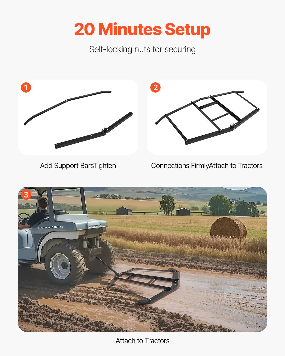 20 Minutes Setup
Self-locking nuts for securing

1. Add Support Bars Tighten
2. Connections Firmly Attach to Tractors
3. Attach to Tractors
